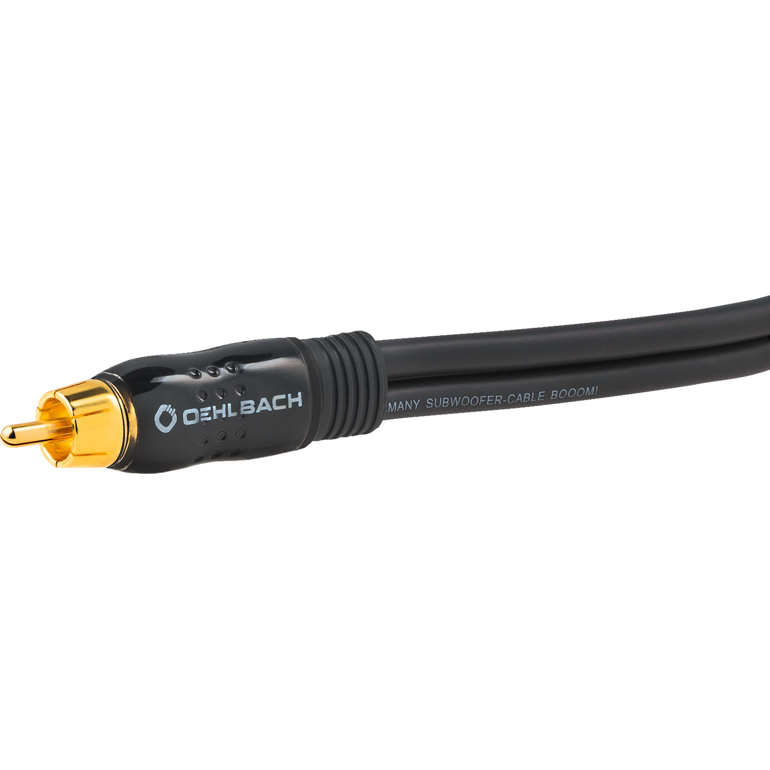 Subwoofer Y-Cinch-Kabel Oehlbach schwarz-rot zwei Cinch-Stecker links ein Cinch-Stecker rechts weiße Schrift BOOOM