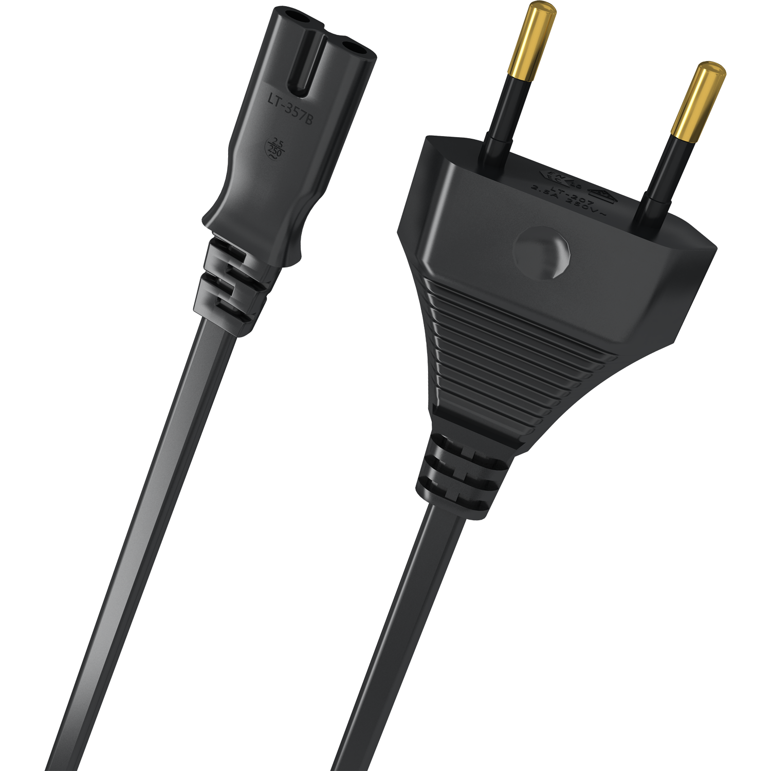 Schwarzes Netzkabel mit Euro-Flachstecker und C7-Buchse auf weißem Hintergrund