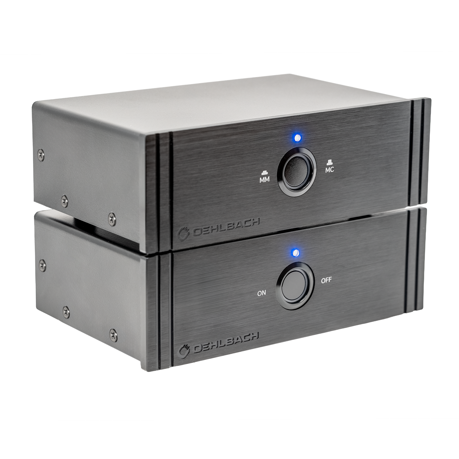 Twin Amp Ultra Zwei gestapelte Oehlbach-Geräte mit blauen LEDs, Tasten für MM/MC und Ein/Aus