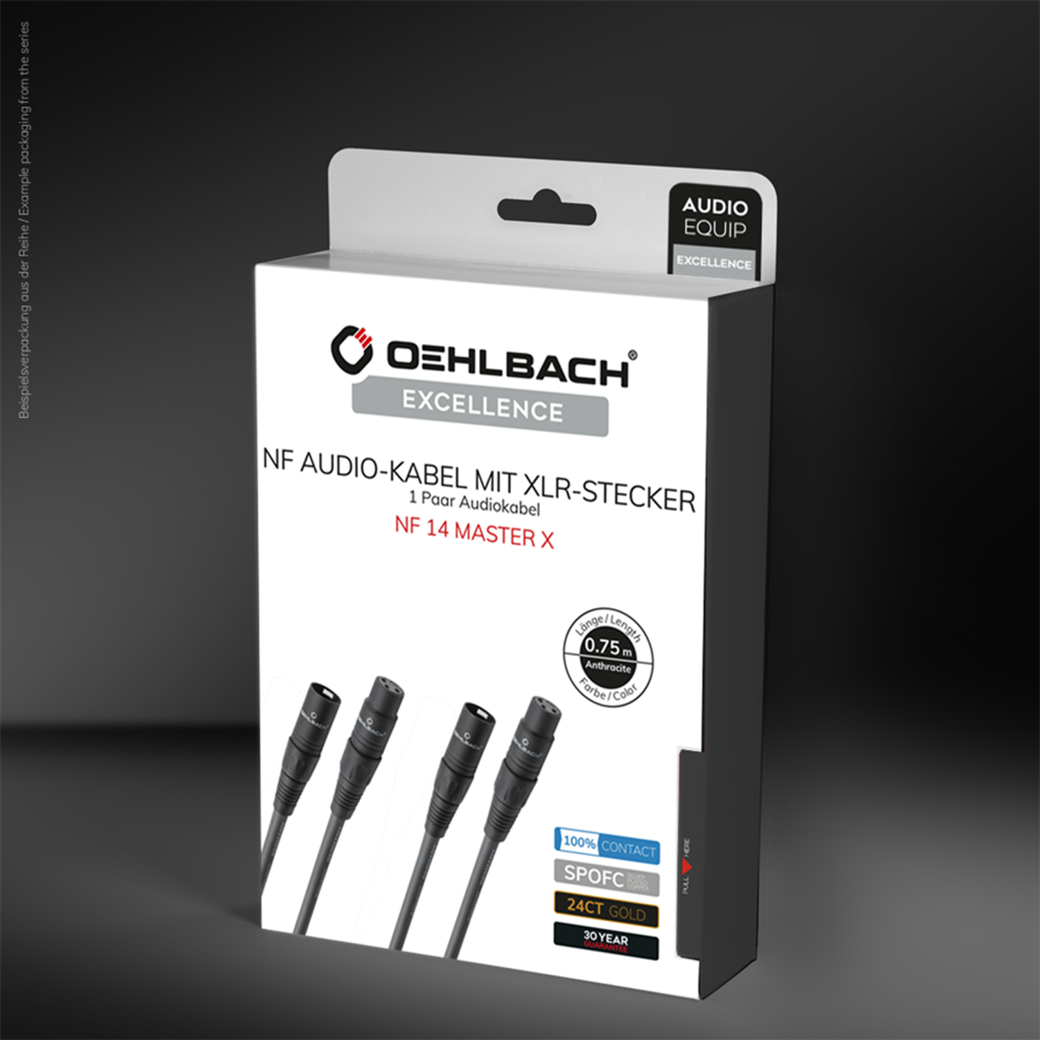 Produktverpackung mit schwarzem NF Audio-Kabel XLR-Stecker Oehlbach Logo oben links 3D-Ansicht auf weißem Hintergrund