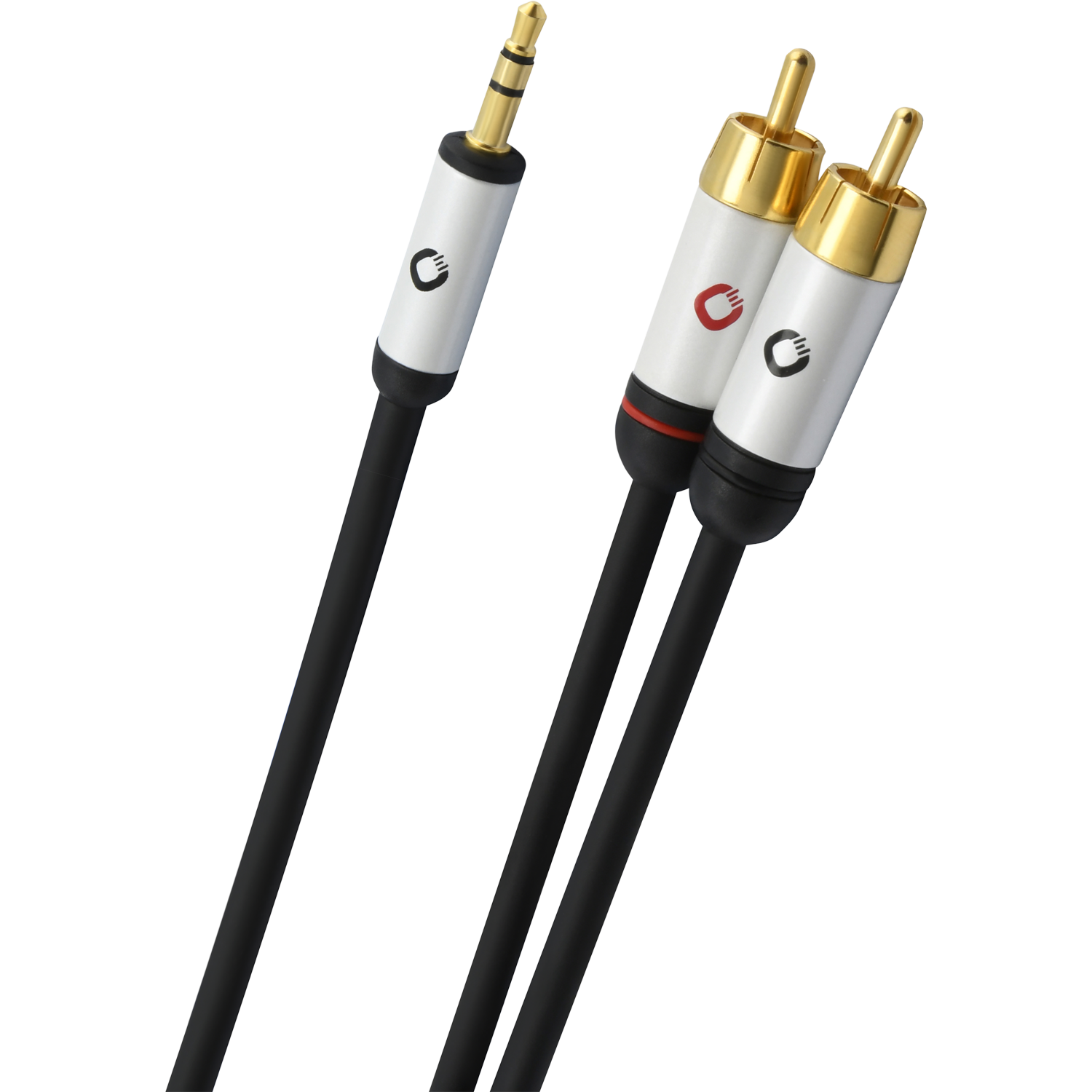 Audiokabel Oehlbach i-Connect J-35-R auf grauem Hintergrund mit goldenen Steckern an beiden Enden und rotem Gehäuse an einem Stecker