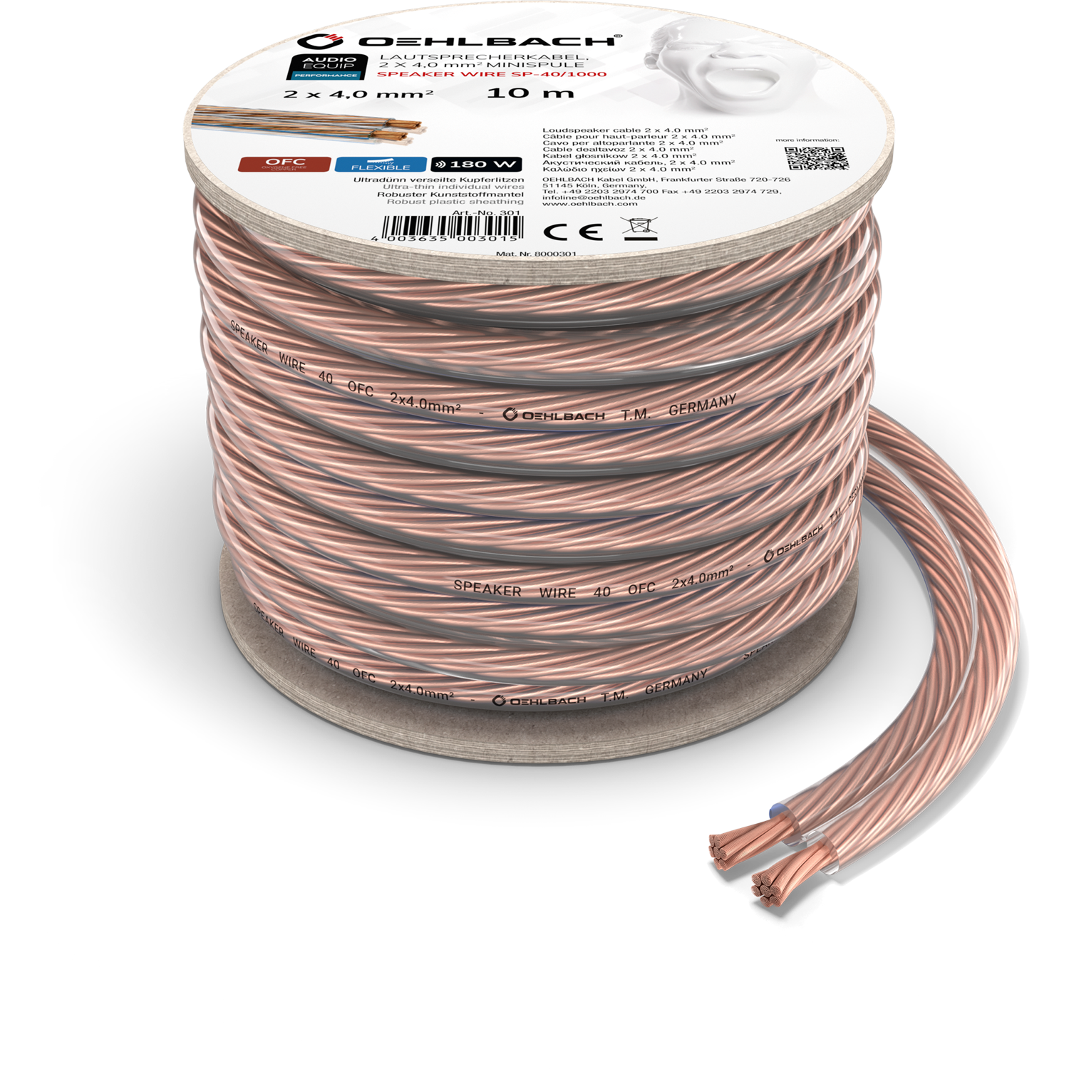 Speaker Wire SP-40 Lautsprecherkabel Lautsprecherkabel Oehlbach spiralförmig schwarzes Kabel mit Kupfer innen auf grauem Hintergrund