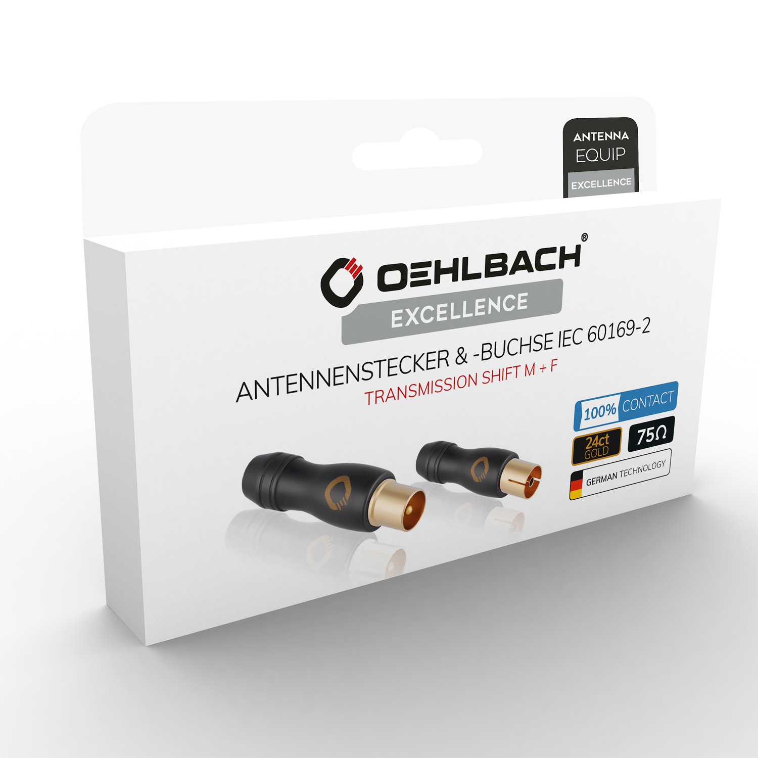 3D-Ansicht von Oehlbach Antennenstecker zylindrische Form silberfarben mit schwarzem Ring und eingeprägtem Oehlbach-Logo