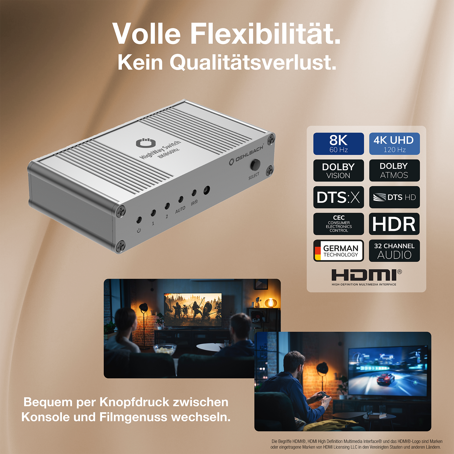 8K Signal-Umschalter Oehlbach vorn Schriftzug Oehlbach HDMI-Anschlüsse rechts schwarzes Gehäuse auf grauem Hintergrund