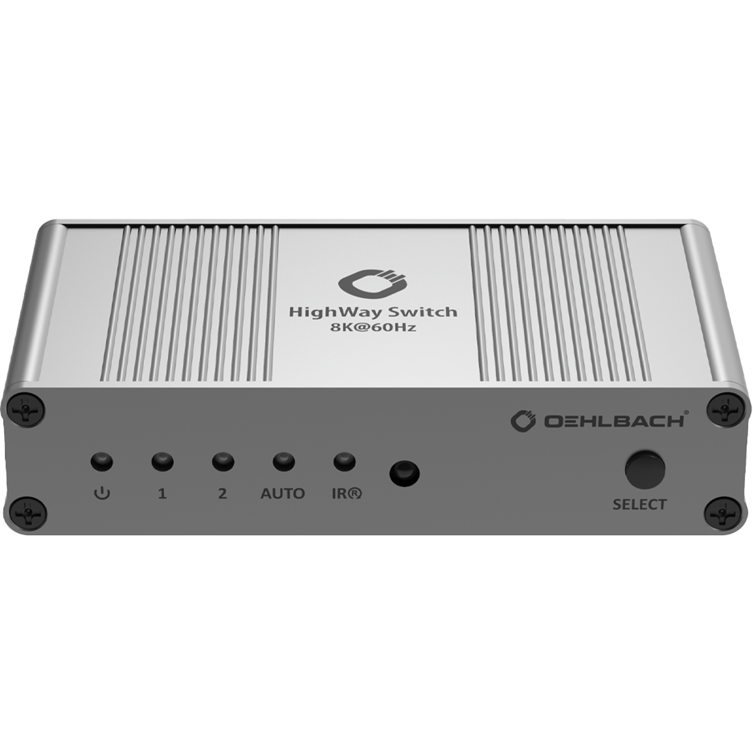 HighWay Switch 8K Signal-Umschalter für HDMI 8K Signal-Umschalter HDMI Oehlbach schwarz mit drei HDMI-Anschlüssen vorne Logo Oehlbach oben links LED-Anzeigen rechts