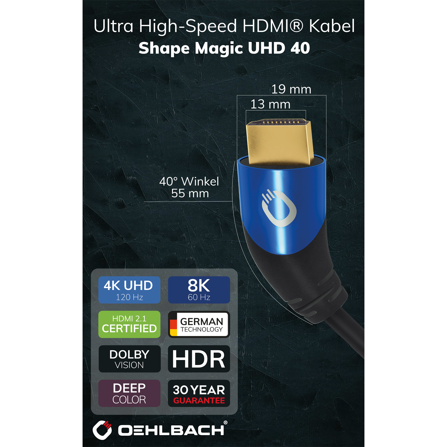 Shape Magic UHD 40 Ultra High-Speed HDMI Kabel Ultra High-Speed HDMI-Kabel Oehlbach schwarz mit goldenen Steckern auf weißem Hintergrund