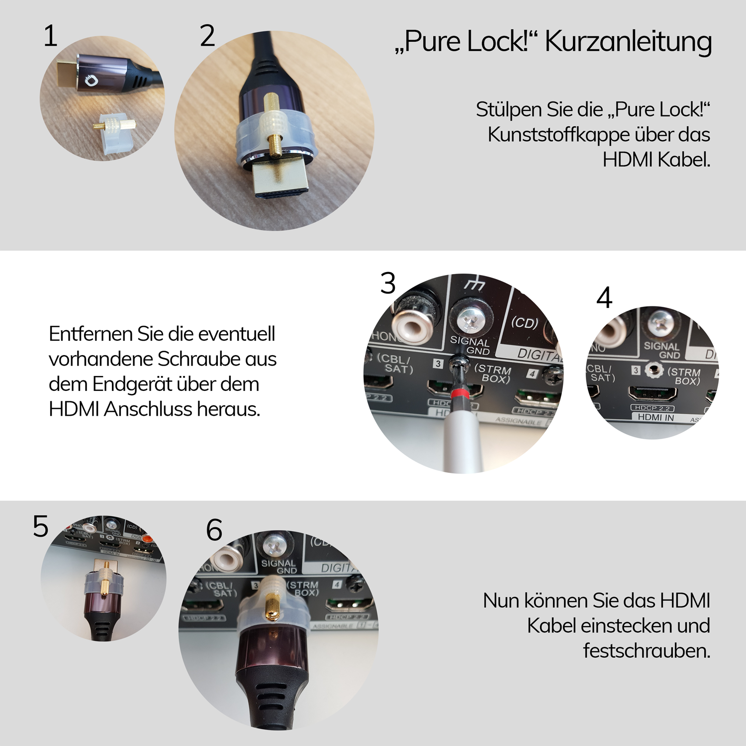 Pure Lock! Kunststoffkappen zur Verriegelung von HDMI-Steckern