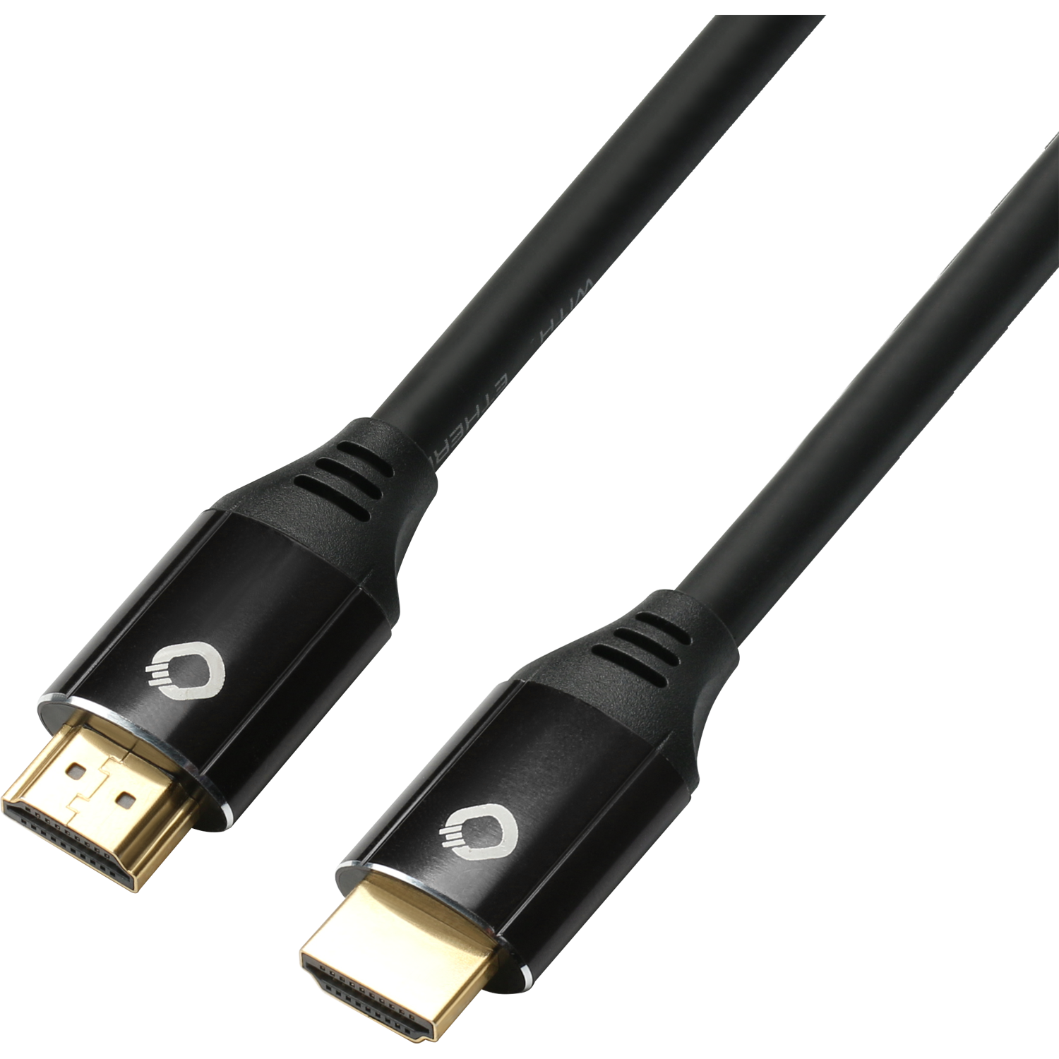 HDMI-Kabel mit Aufschrift Ultra High Speed zwei Stecker nebeneinander schwarzes Kabel dunkler Hintergrund