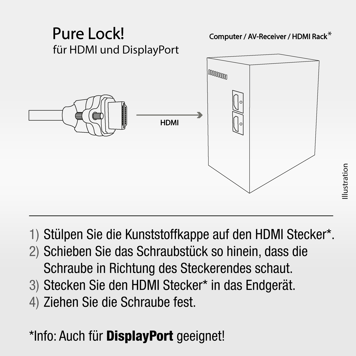Pure Lock! Kunststoffkappen zur Verriegelung von HDMI-Steckern
