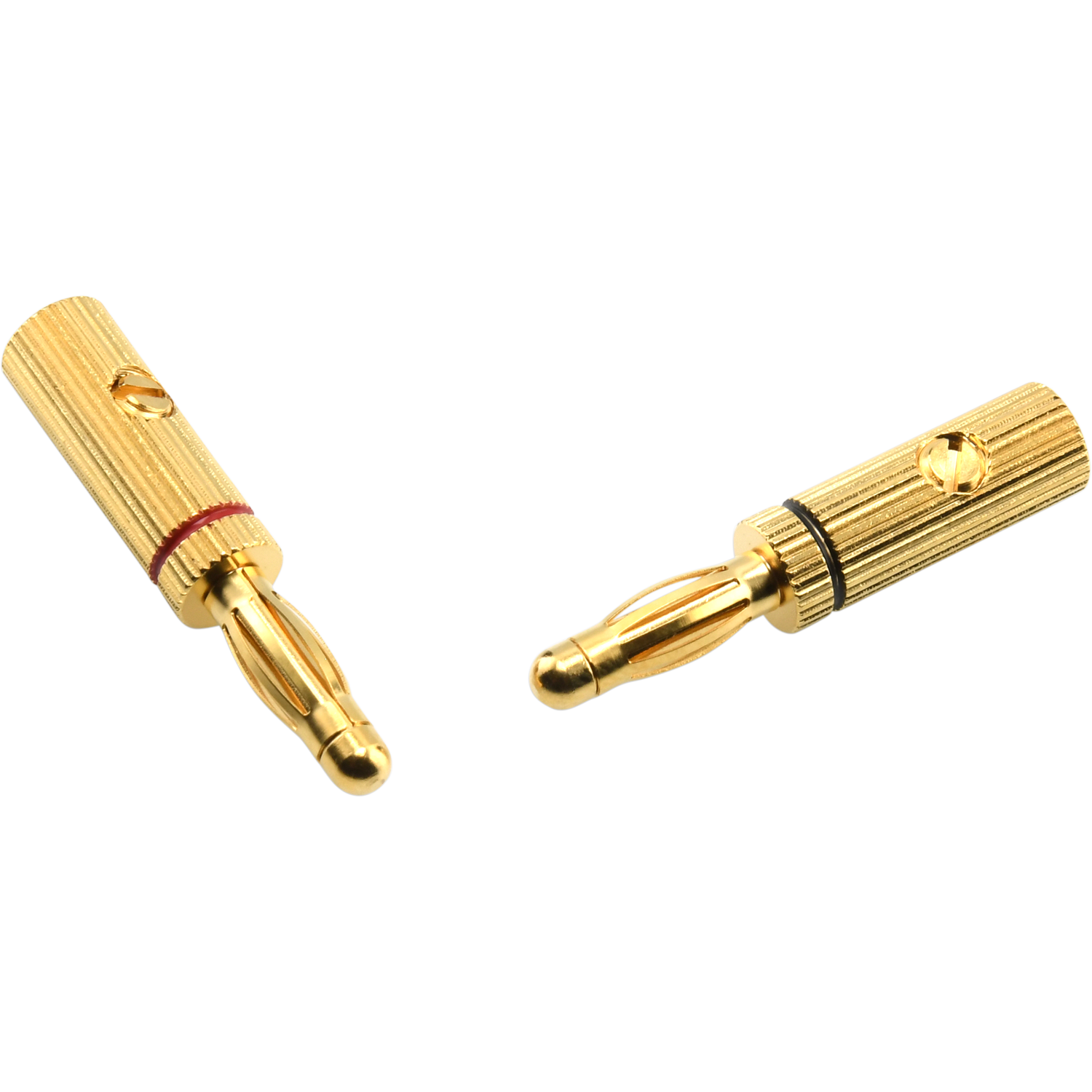 Goldfarbener Bananen-Stecker für Oehlbach-Produkt vor weißem Hintergrund mit schwarzem Schriftzug Oehlbach.
