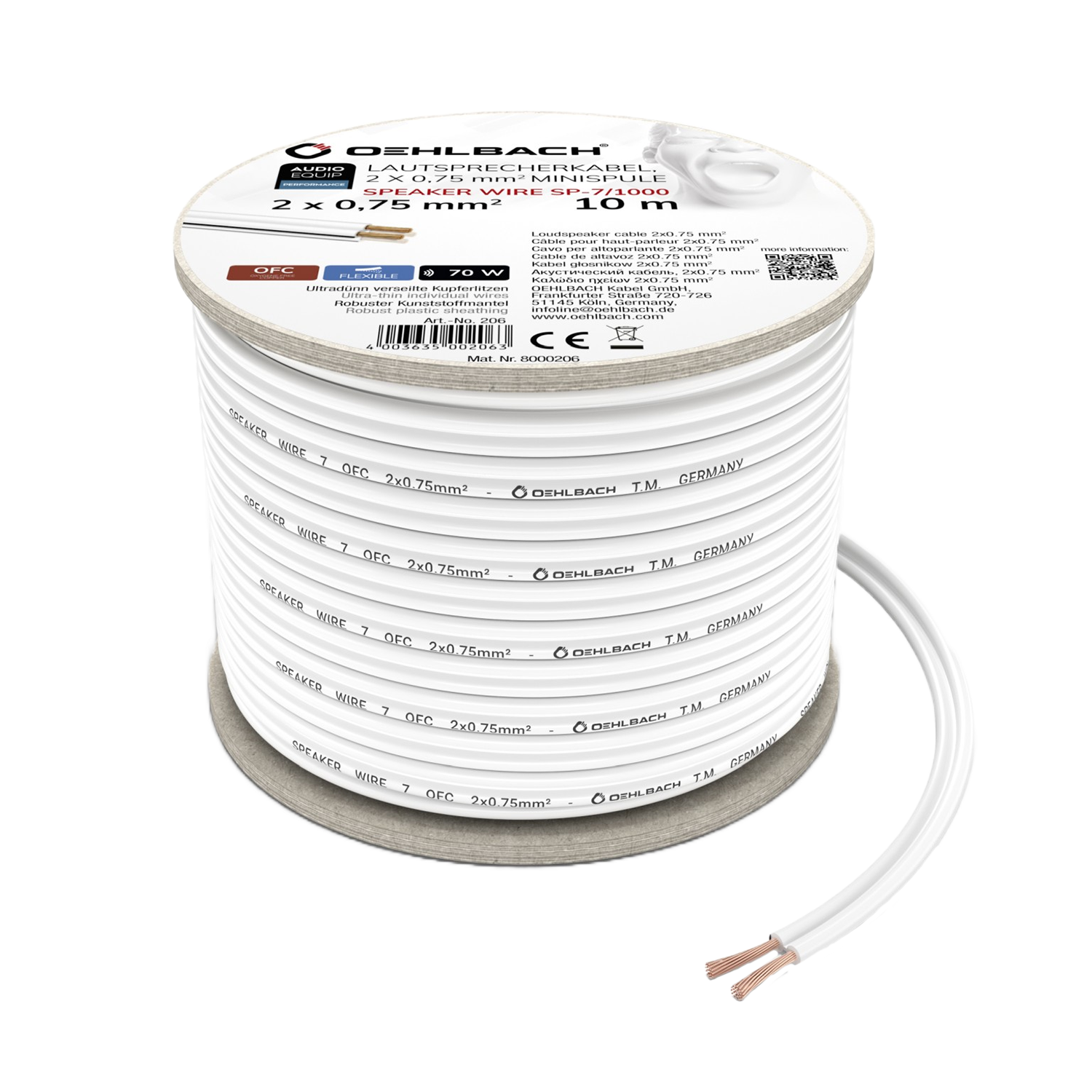 Speaker Wire SP-7 Lautsprecherkabel Lautsprecherkabel Oehlbach transparent mit silberfarbenen und kupferfarbenen Adern auf weißem Hintergrund