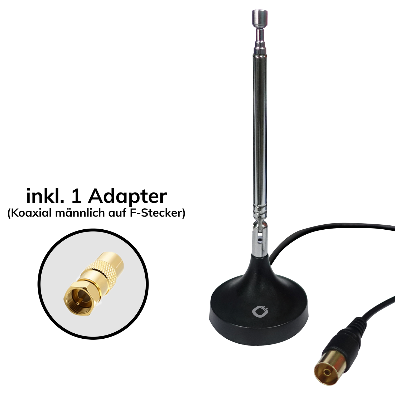 FM/DAB+ Stabantenne mit Adapter Oehlbach Logo oben links schwarze Antenne horizontal Adapter vertikal rechts daneben