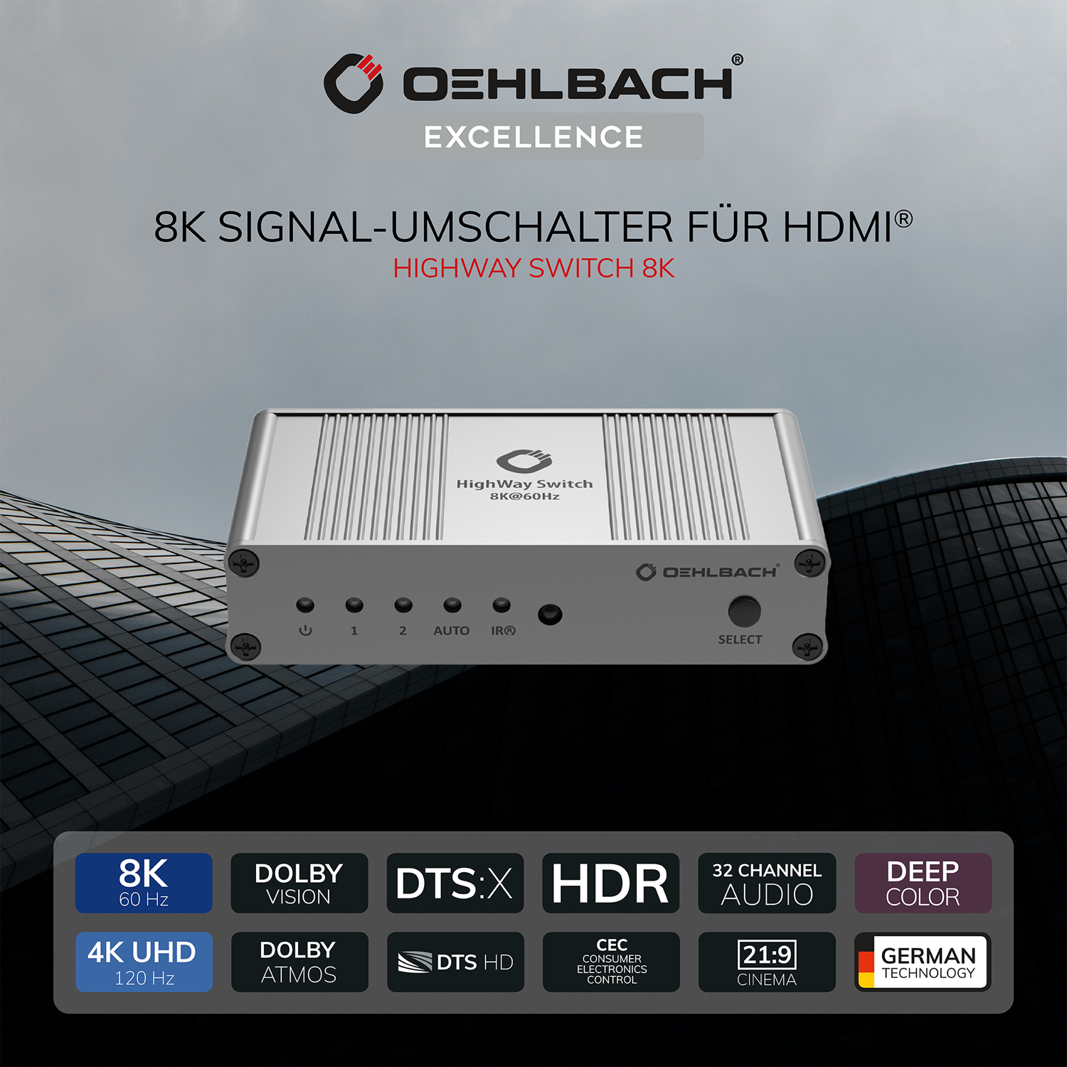 Schwarzer 8K Signal-Umschalter mit HDMI-Anschlüssen Oehlbach Logo oben links drei HDMI-Ports vorne ein HDMI-Port hinten