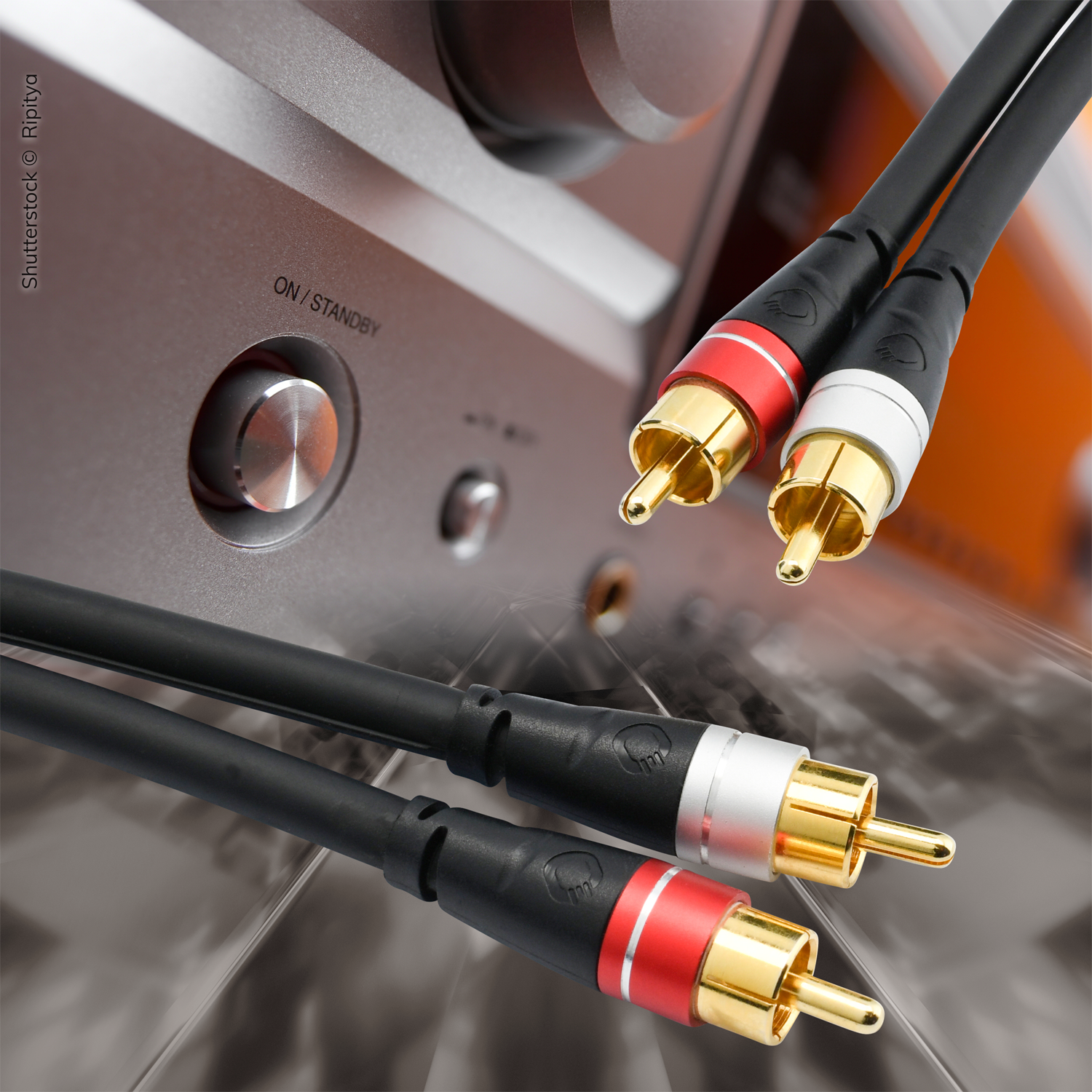 Audio-Cinchkabel mit schwarzem Stecker und rotem Ring auf grauem Hintergrund