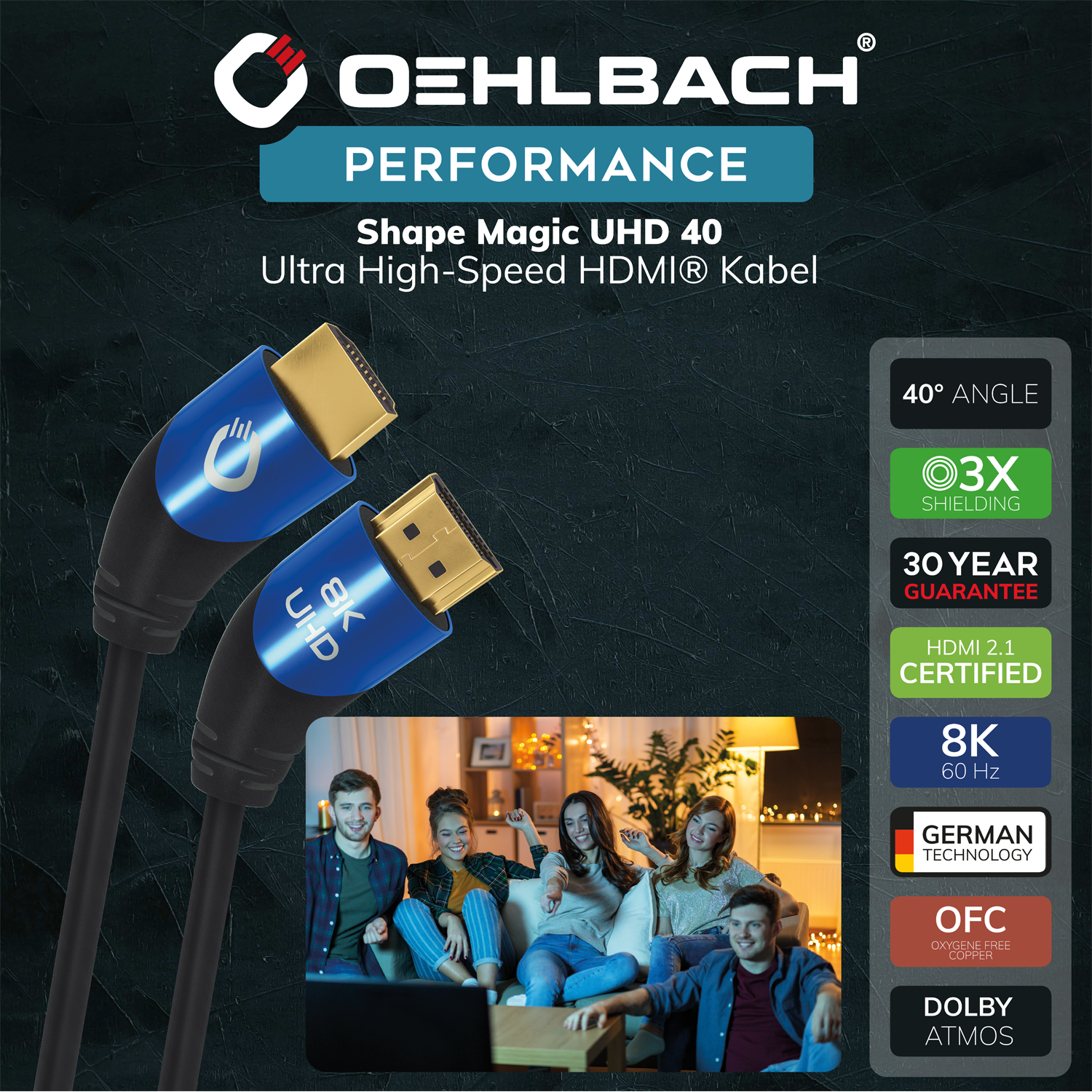 Shape Magic UHD 40 Ultra High-Speed HDMI Kabel HDMI-Kabel mit goldenem Anschluss und Aufschrift Ultra High Speed Oehlbach auf schwarzem Hintergrund