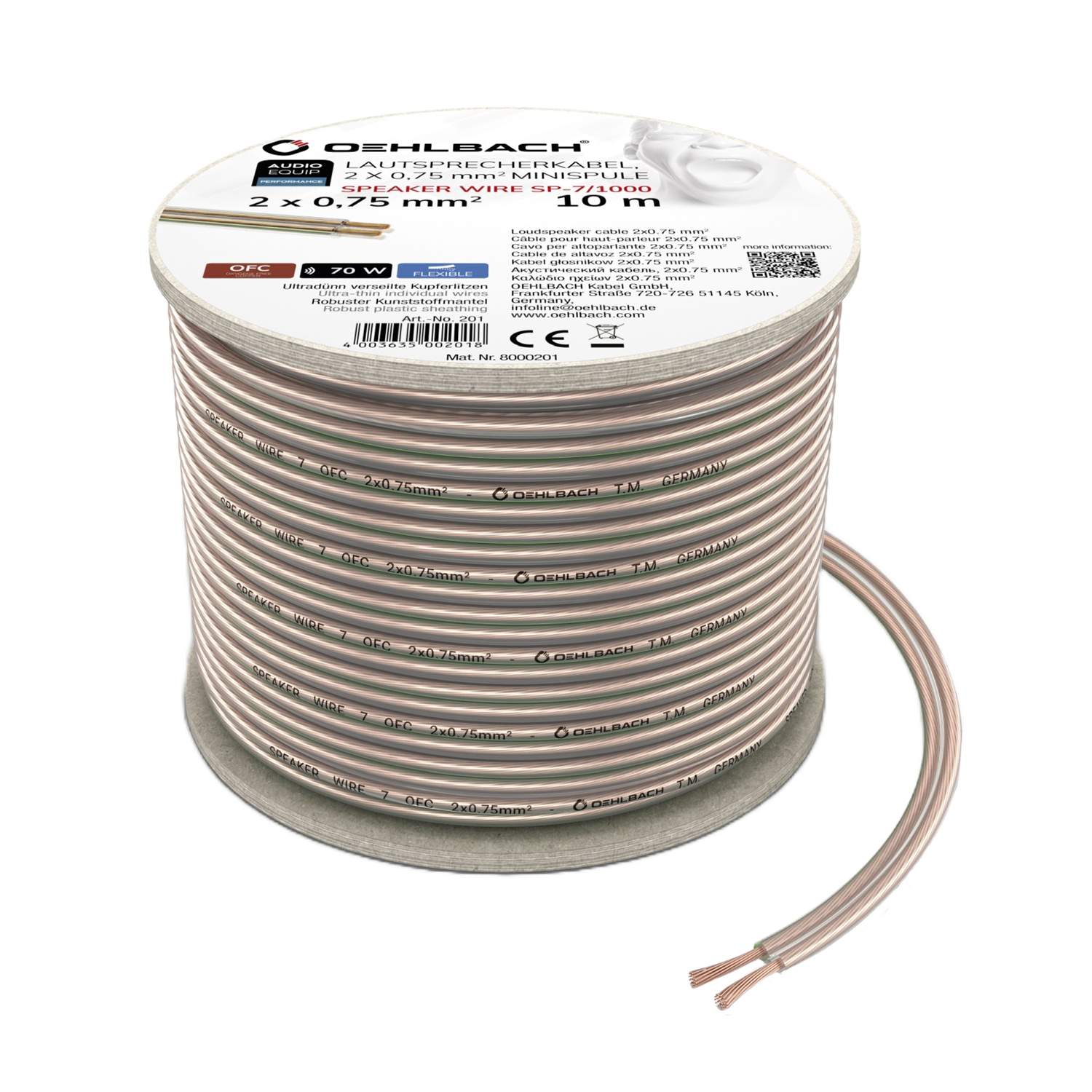 Speaker Wire SP-7 Lautsprecherkabel Oehlbach Lautsprecherkabel in Nahaufnahme mit transparentem Mantel und kupferfarbenen Leitern auf weißem Hintergrund