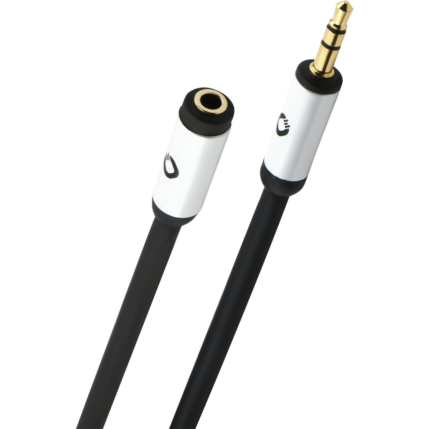 Audiokabel mit 3.5 mm Klinkensteckern beidseitig schwarz und goldene Kontakte auf grauem Hintergrund
