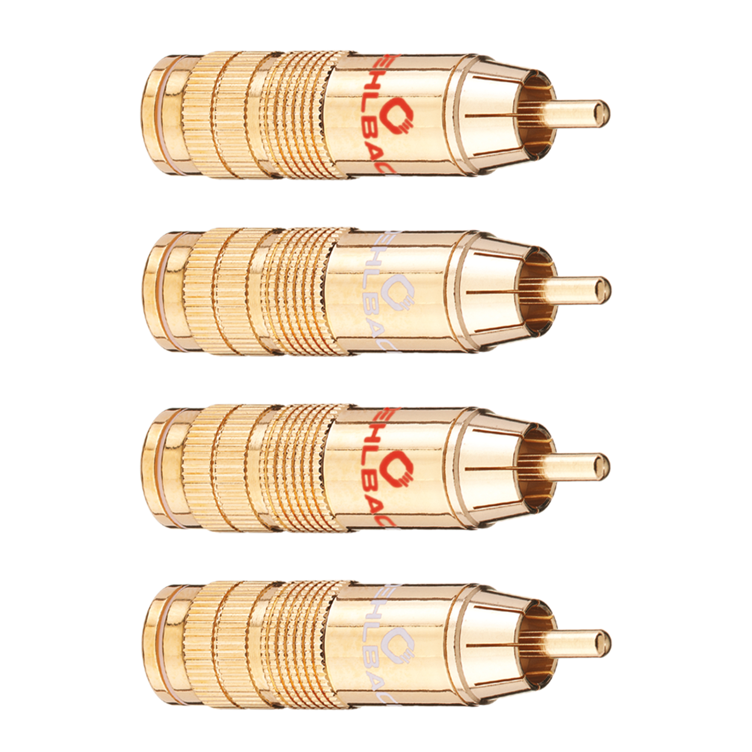 Vier Cinch Stecker von Oehlbach in Gold Blau Rot Silber nebeneinander auf weißem Hintergrund