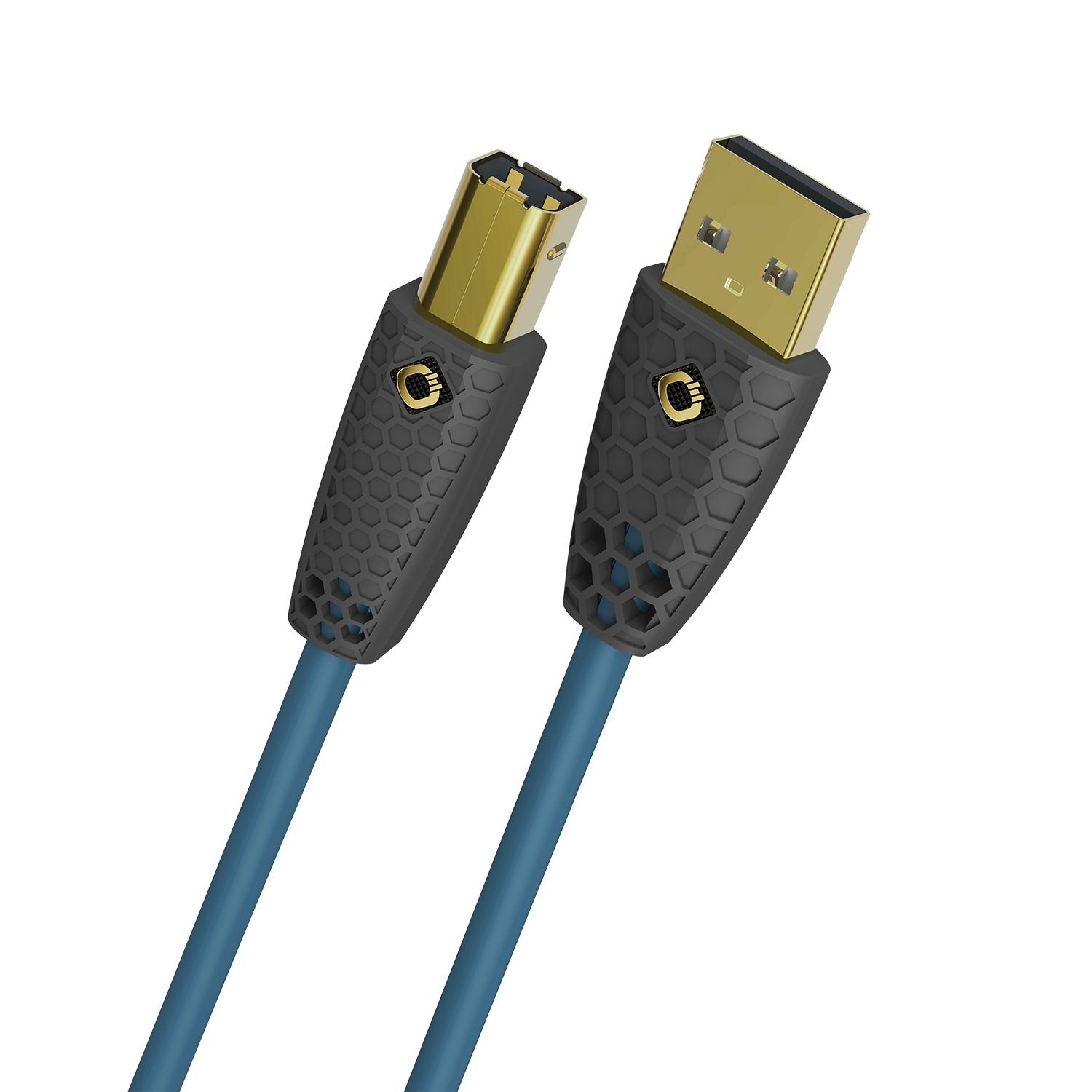USB Kabel Typ A rechts zu Typ B links schwarzes Kabel Oehlbach Logo oben links auf weißem Hintergrund