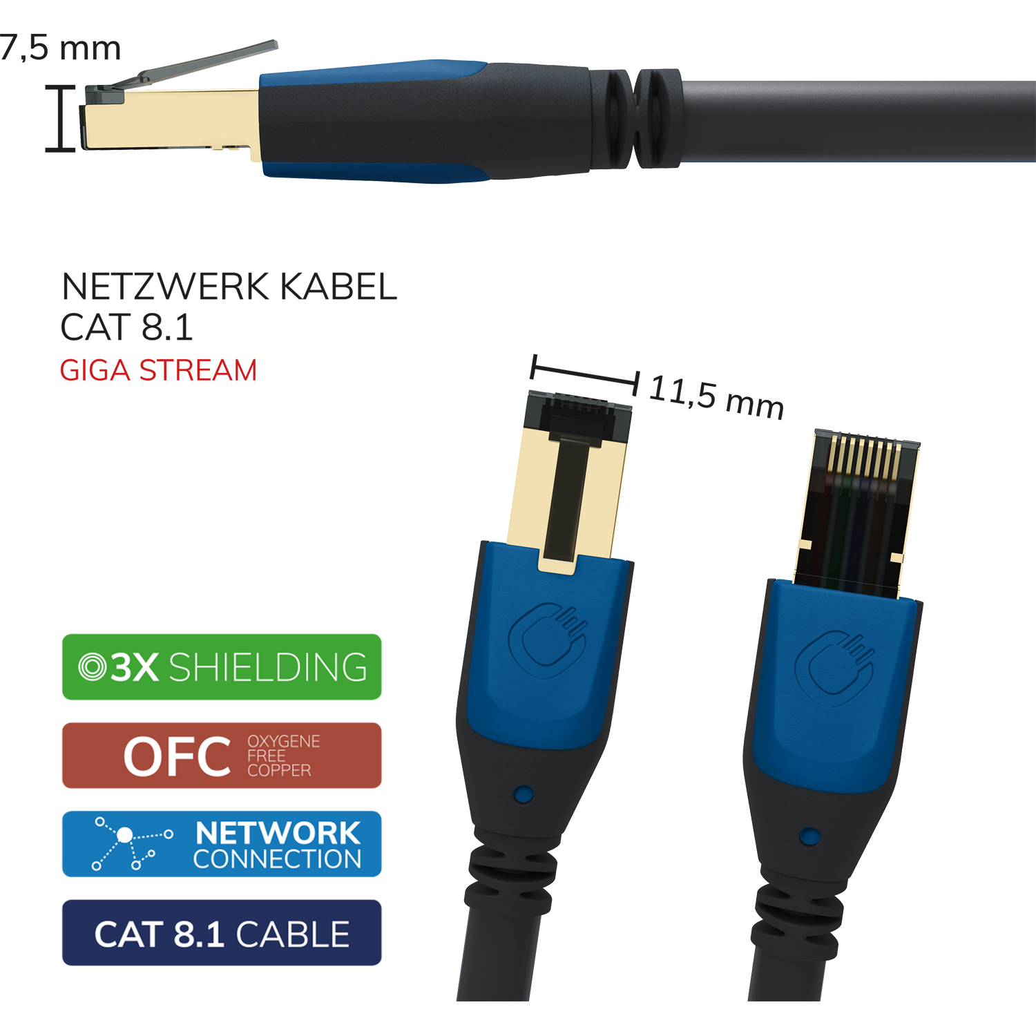 Oehlbach Streaming Netzwerk Kabel Cat 8.1 grau mit Goldsteckern auf weißem Hintergrund