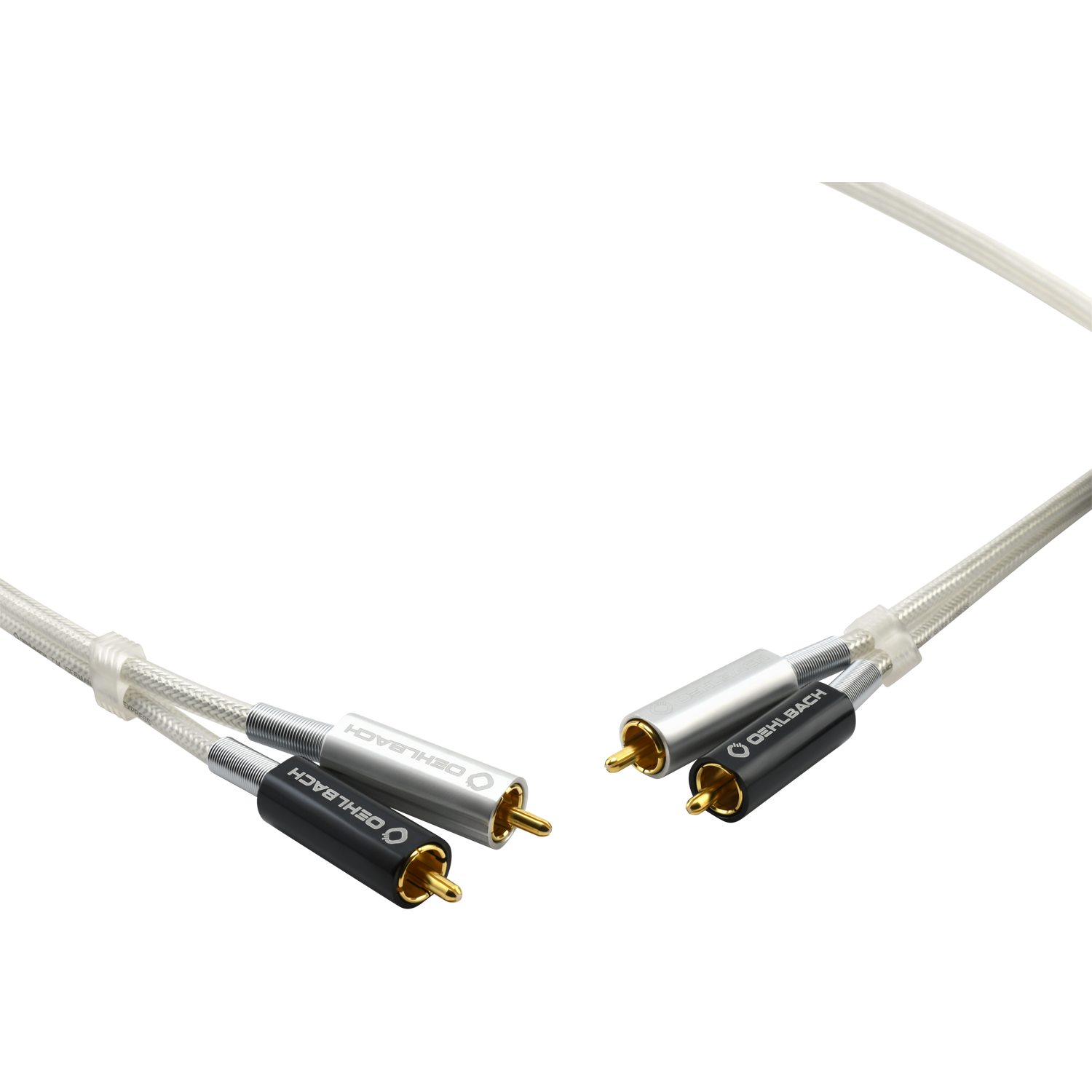 Silver Express NF Audio-Cinchkabel Audio-Cinchkabel Oehlbach silber zwei Kabel mit roten und weißen Steckern auf weißem Hintergrund