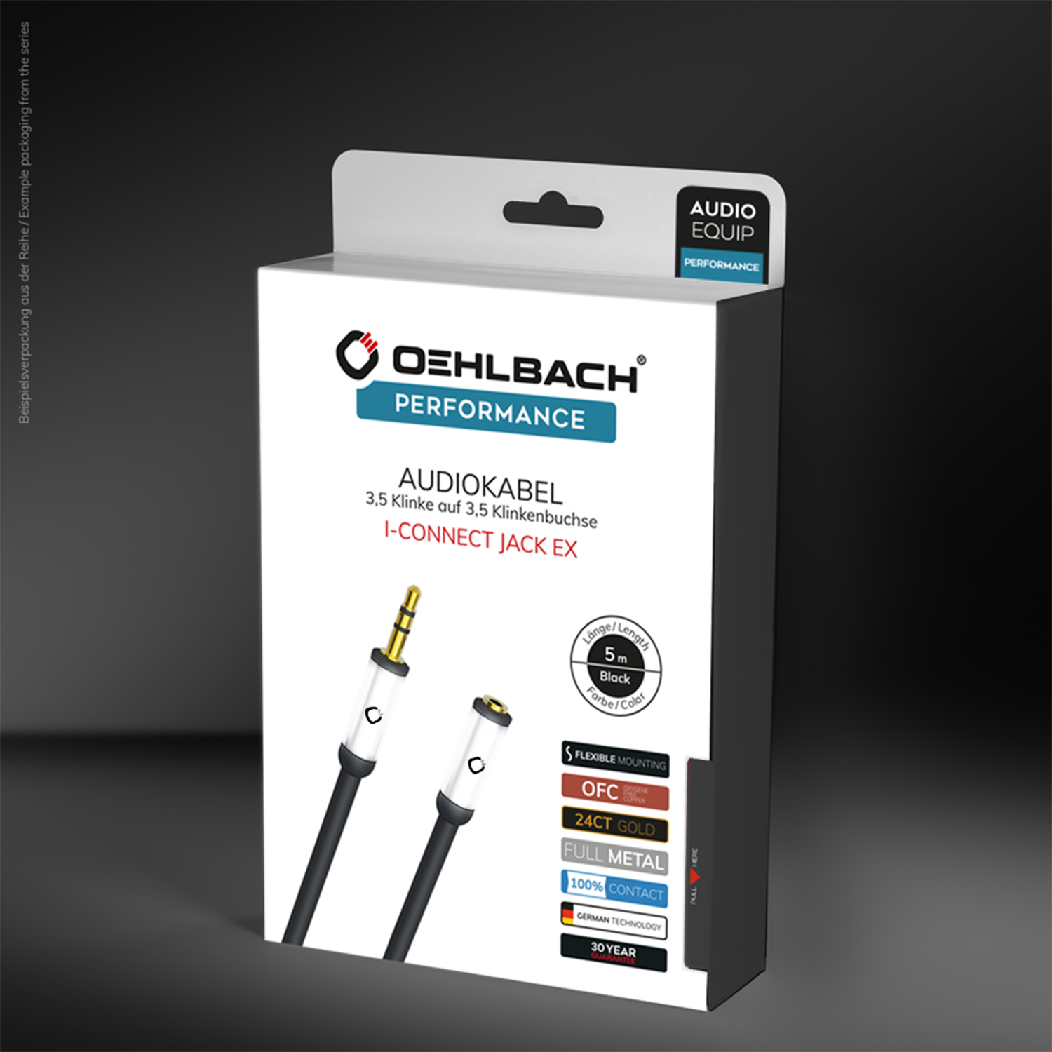 i-Connect Jack EX Audiokabel 3D-Verpackung Oehlbach Audiokabel i-Connect Jack EX Vorderansicht mit Produktabbildung und Text 1.5 m 3.5 mm Klinke