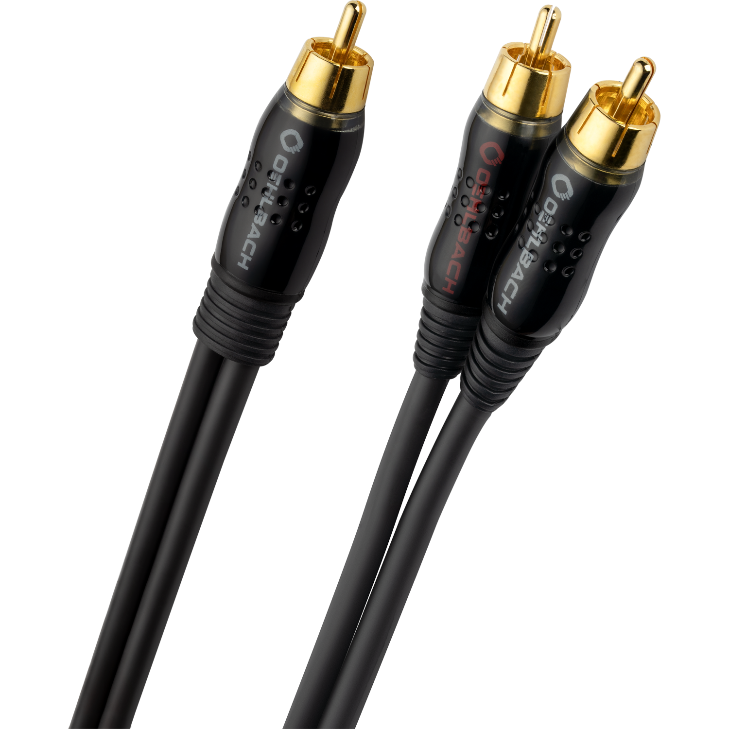 Subwoofer Y-Cinch-Kabel Oehlbach schwarz mit goldenen Steckern auf weißem Hintergrund