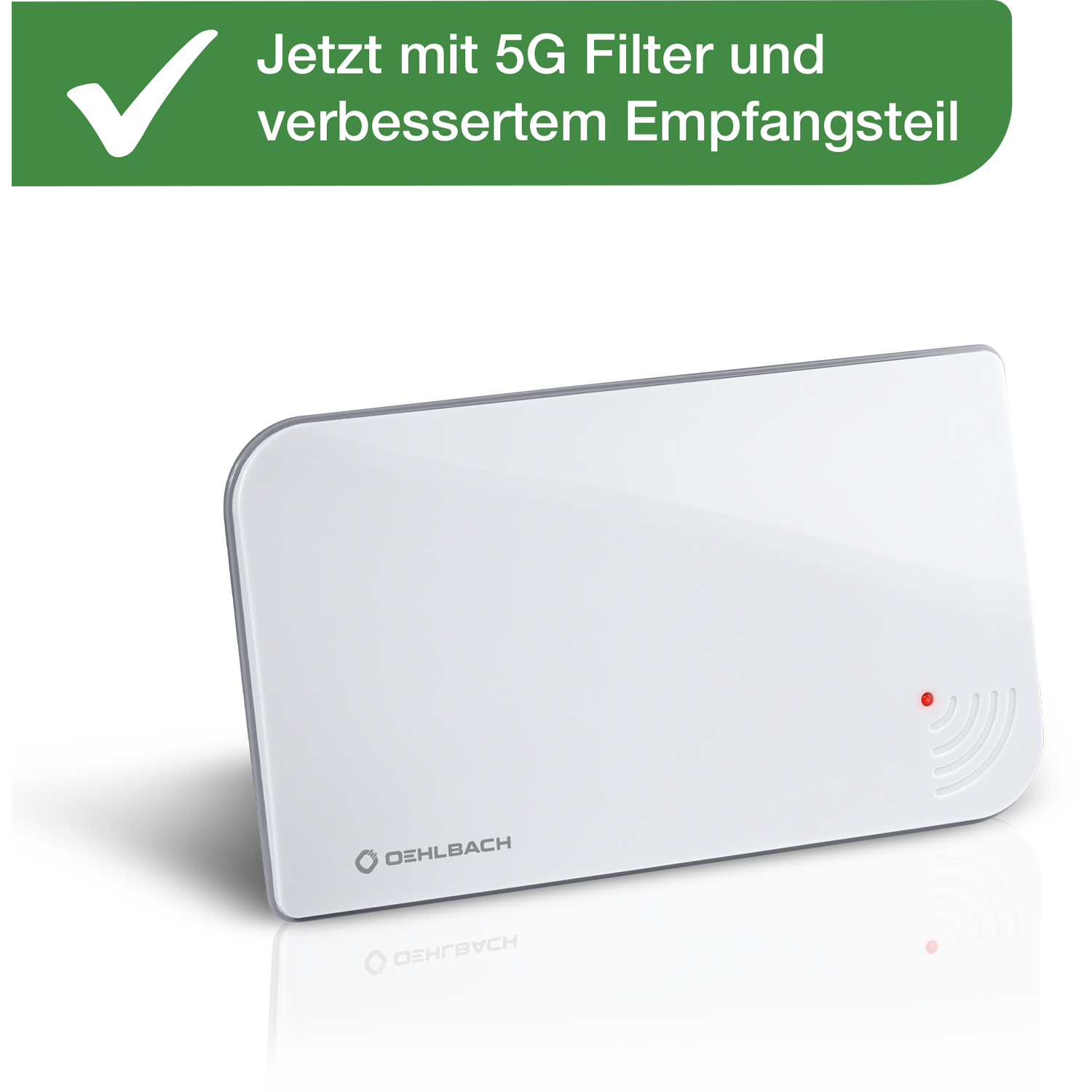 Zimmerantenne schwarz mit kreisförmigem Design für DVB-T2 mit 5G Filter Oehlbach Logo oben links Kabel unten links