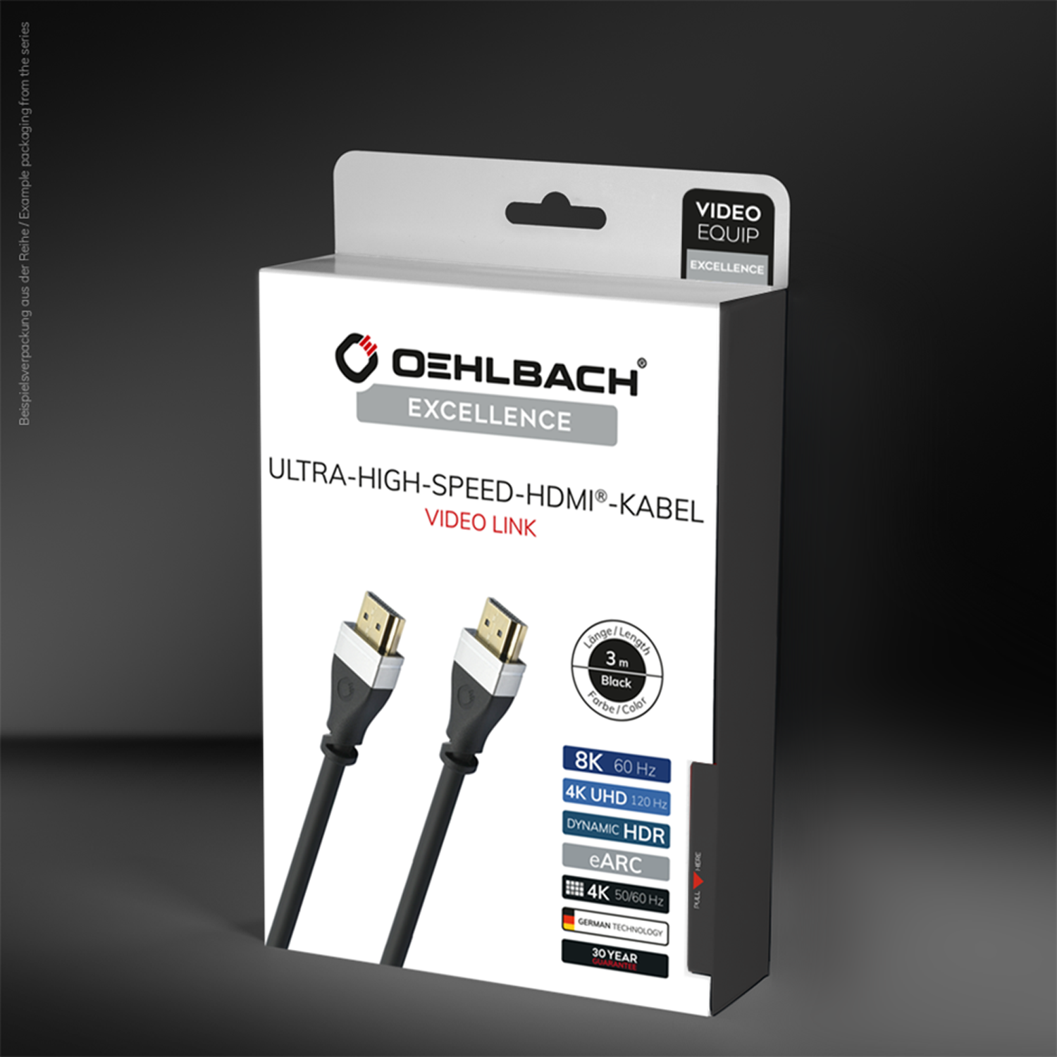 3D-Verpackung von Oehlbach 8K Ultra-High-Speed-HDMI-Kabel mit blauer Vorderseite und Aufschrift HDMI 2.1 8K 60Hz 4K 120Hz