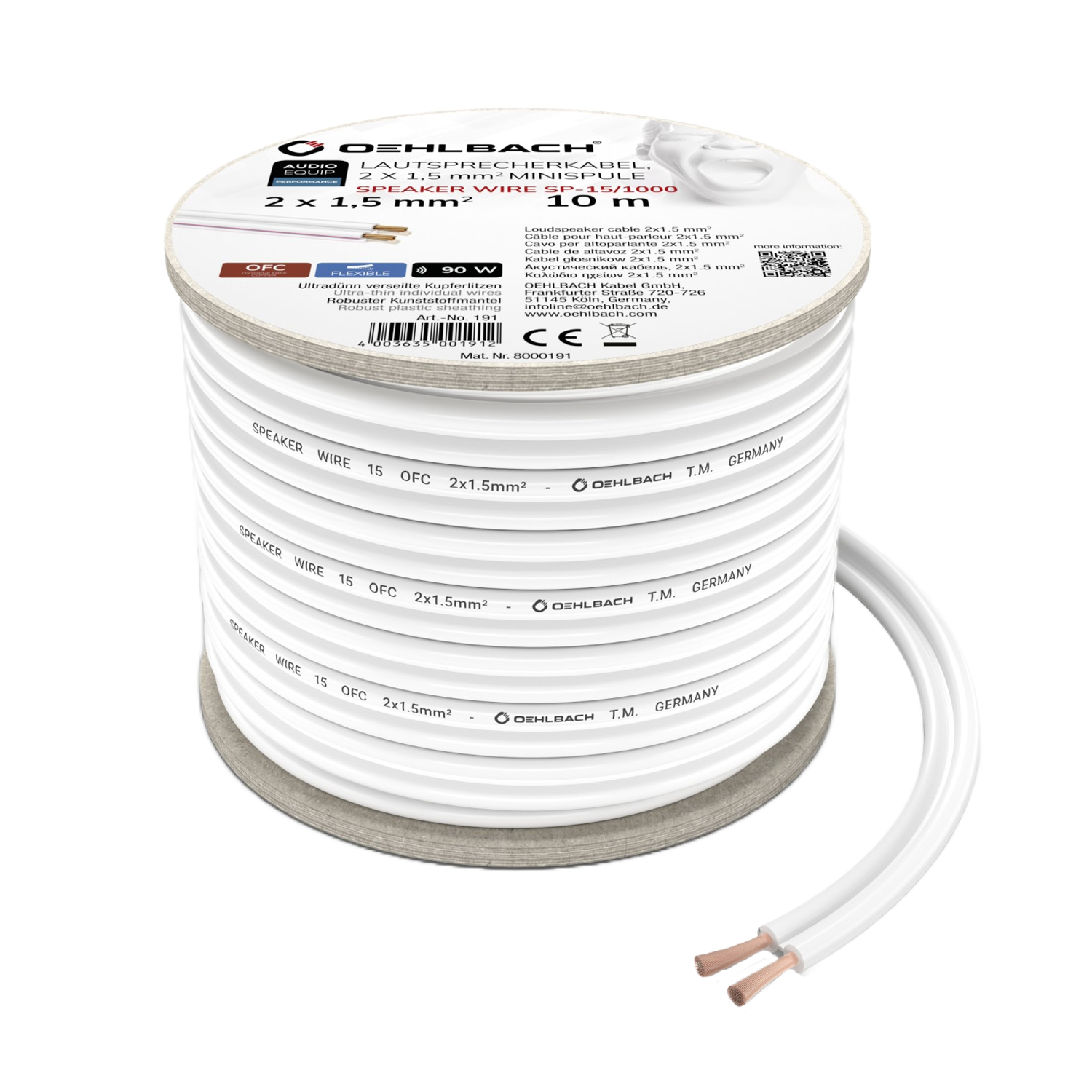 Speaker Wire SP-15 Lautsprecherkabel Lautsprecherkabel Oehlbach in Nahaufnahme mit transparentem Mantel und zwei Kupferadern sichtbar im Vordergrund