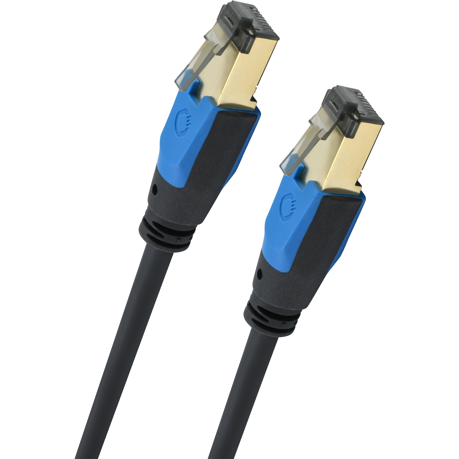 Bild eines Oehlbach Streaming Netzwerk Kabel Cat 8.1 mit goldenen Steckern und schwarzem Kabelmantel vor weißem Hintergrund
