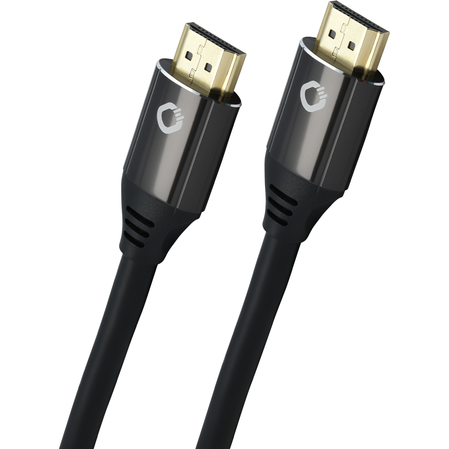 Schwarzes HDMI-Kabel mit goldenen Anschlüssen und Aufschrift Ultra High Speed auf beige-braunem Hintergrund links unten.