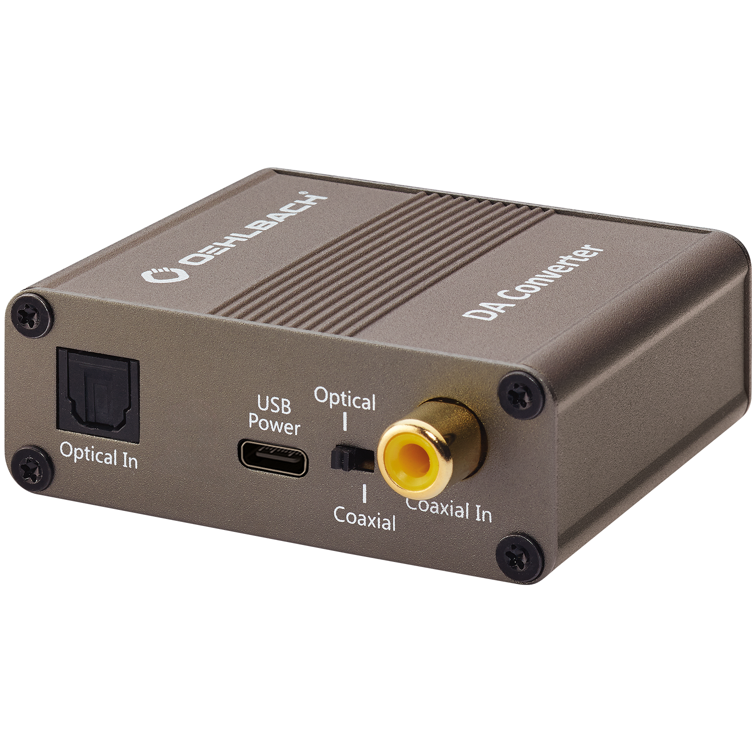 Digital-Analog-Wandler Oehlbach Didgi Bridge USB-C schwarzes Gehäuse Kabel rechts daneben USB-C Anschluss links Audioanschlüsse rechts