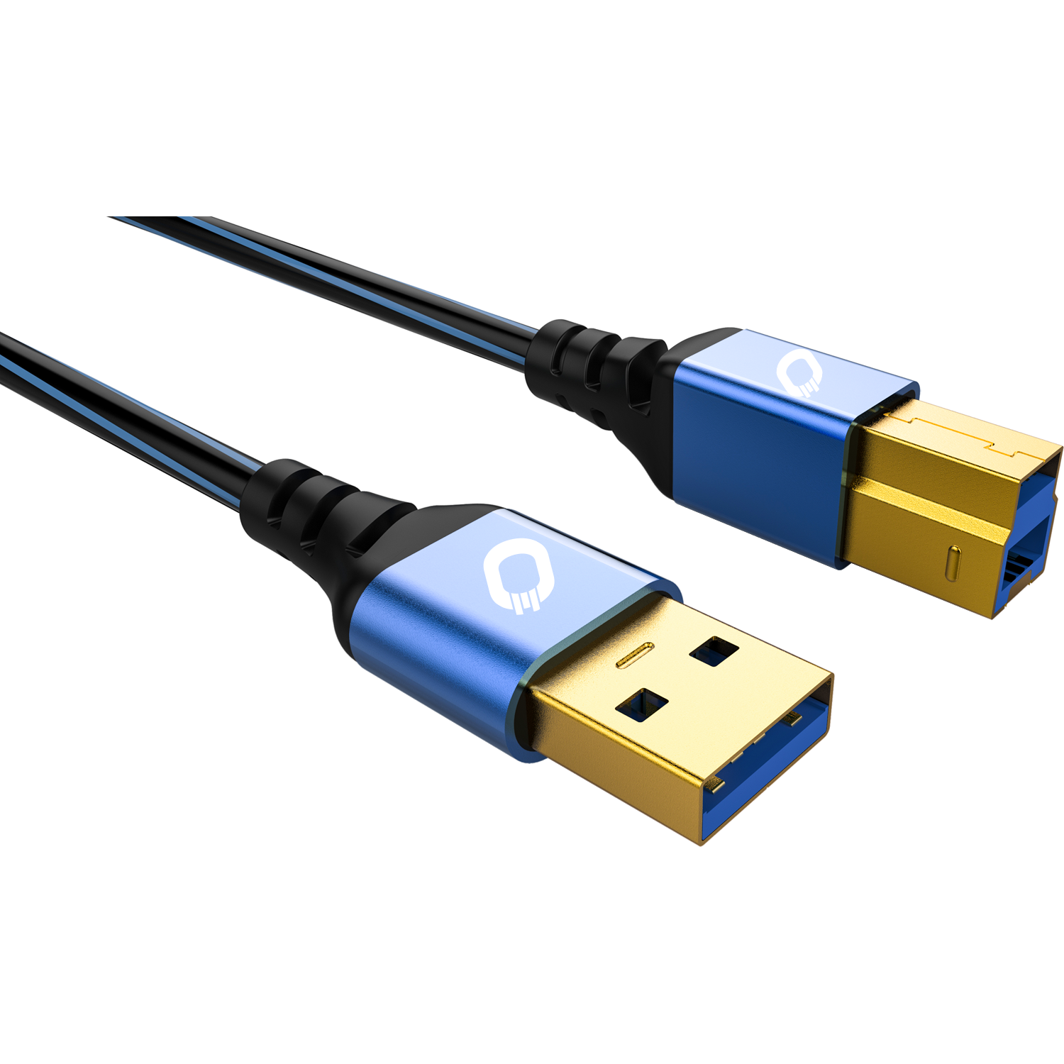 USB 3.2 Gen 2 Kabel Typ A auf Typ B schwarz mit Oehlbach Logo auf Stecker Typ B links auf weißem Hintergrund