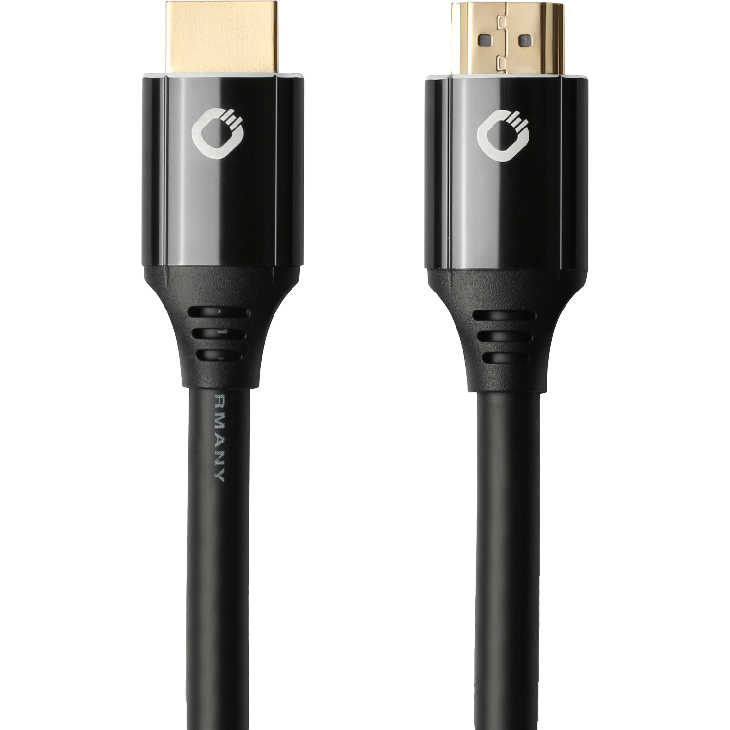 Produktbild Ultra High-Speed HDMI Kabel Oehlbach schwarz goldfarbene Stecker Aufschrift HDMI Ultra High Speed links oben