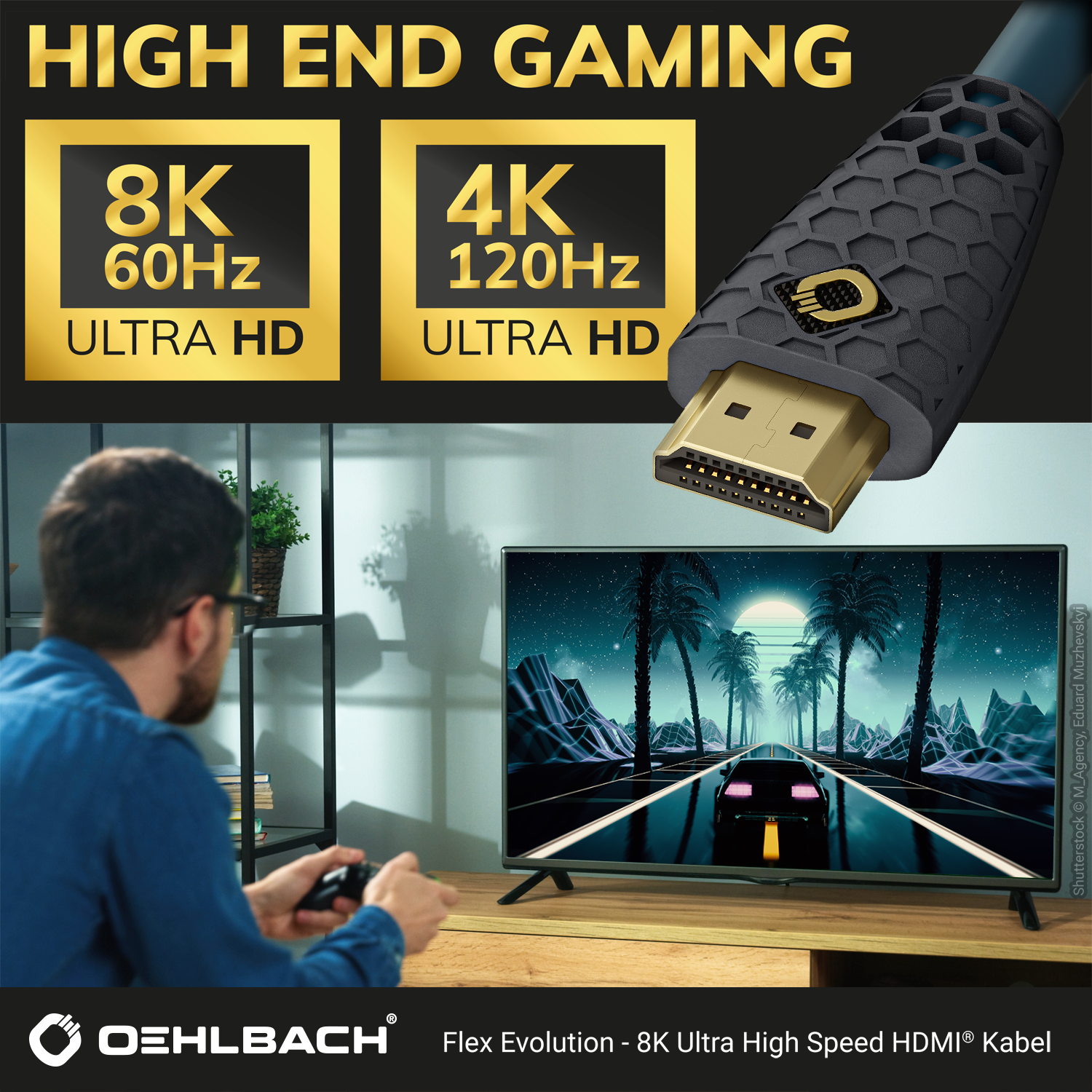 HDMI-Kabel in Schwarz mit Aufschrift 8K Ultra High Speed Oehlbach Logo oben links grauer Hintergrund