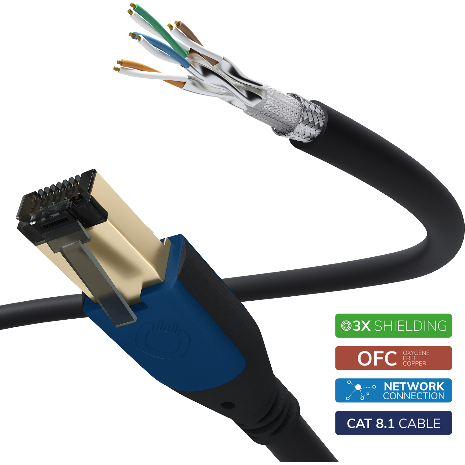 Oehlbach Streaming Netzwerk Kabel Cat 8.1 auf weißem Hintergrund mit goldenen Steckern und schwarzem Kabelmantel