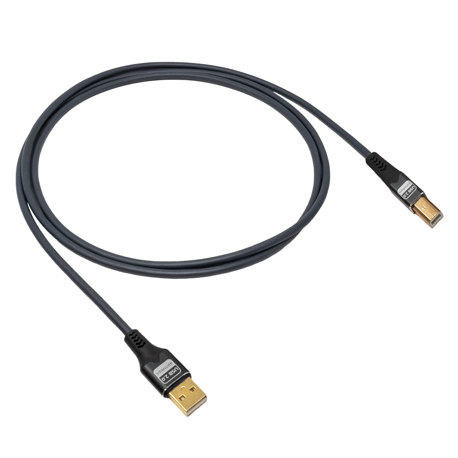 USB Typ A zu Typ B Kabel Oehlbach Schwarz mit weißen Steckern auf grauem Hintergrund