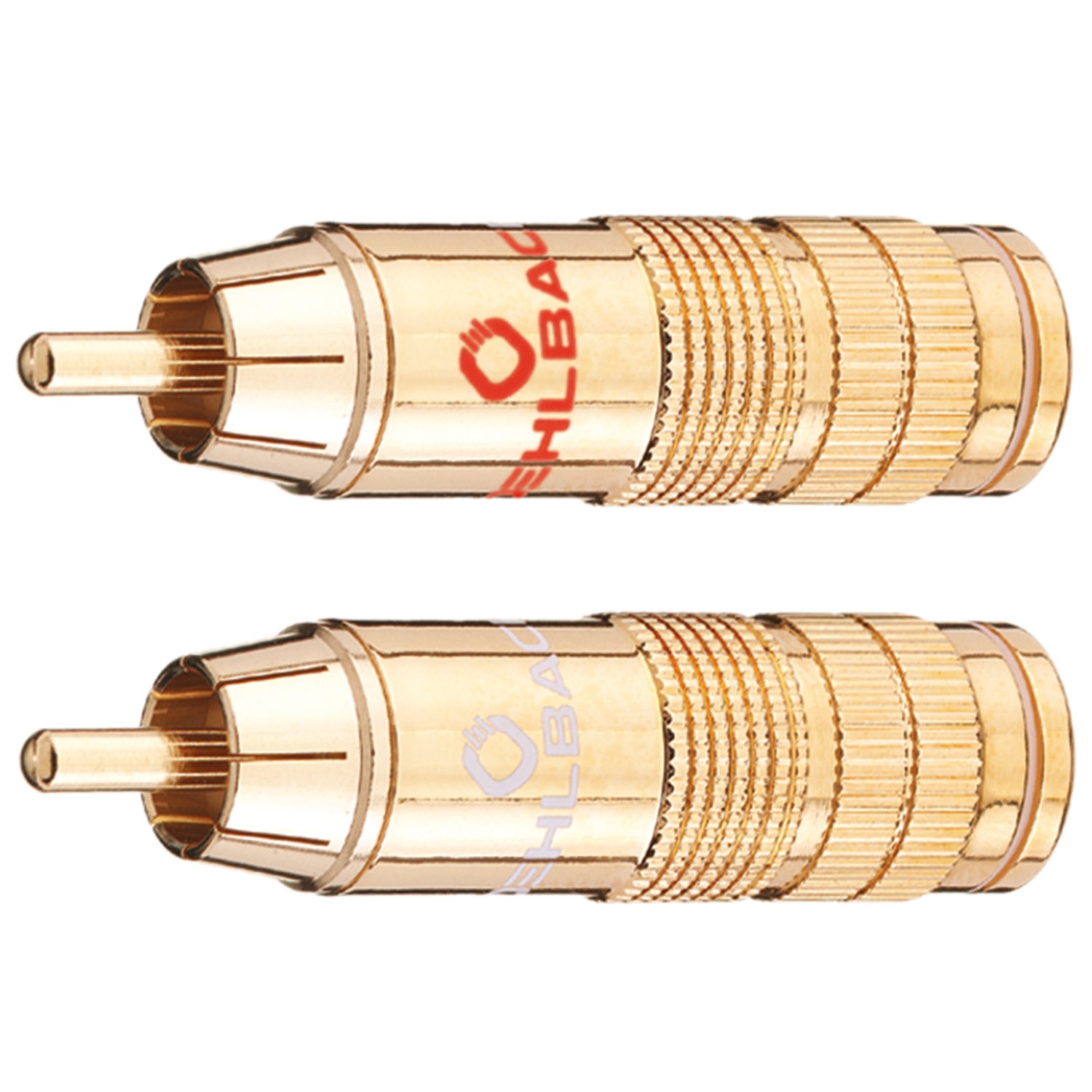CJG 66 Cinch Stecker Zwei Cinch-Stecker von Oehlbach links nebeneinander goldene Kontakte rote und schwarze Markierung auf silbernem Gehäuse