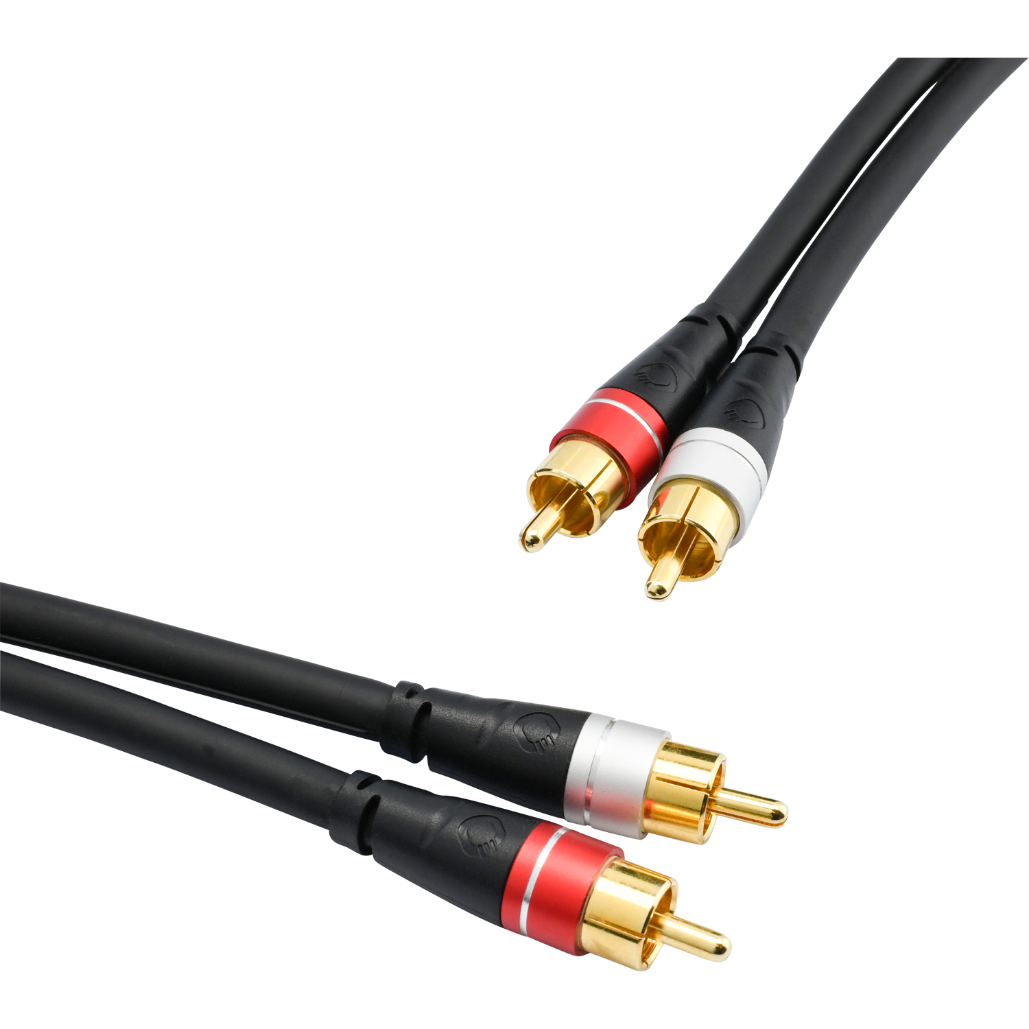 Audio-Cinchkabel Oehlbach zwei rote und weiße Stecker linke Seite schwarzes Kabel mit goldenen Anschlüssen auf weißem Hintergrund