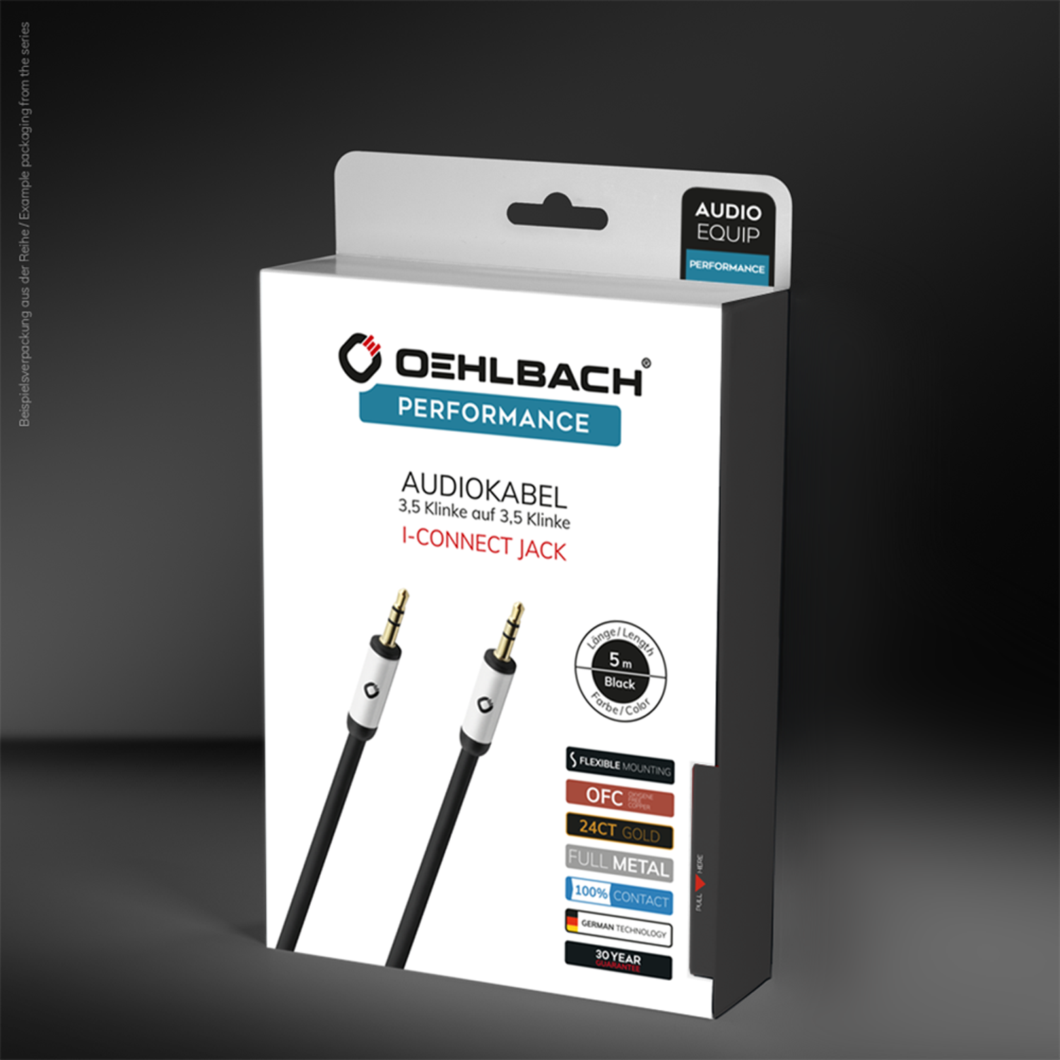 Produktverpackung Oehlbach Audiokabel i-Connect Jack 3D zentral mit schwarzem Kabel und goldenen Steckern auf weißem Hintergrund
