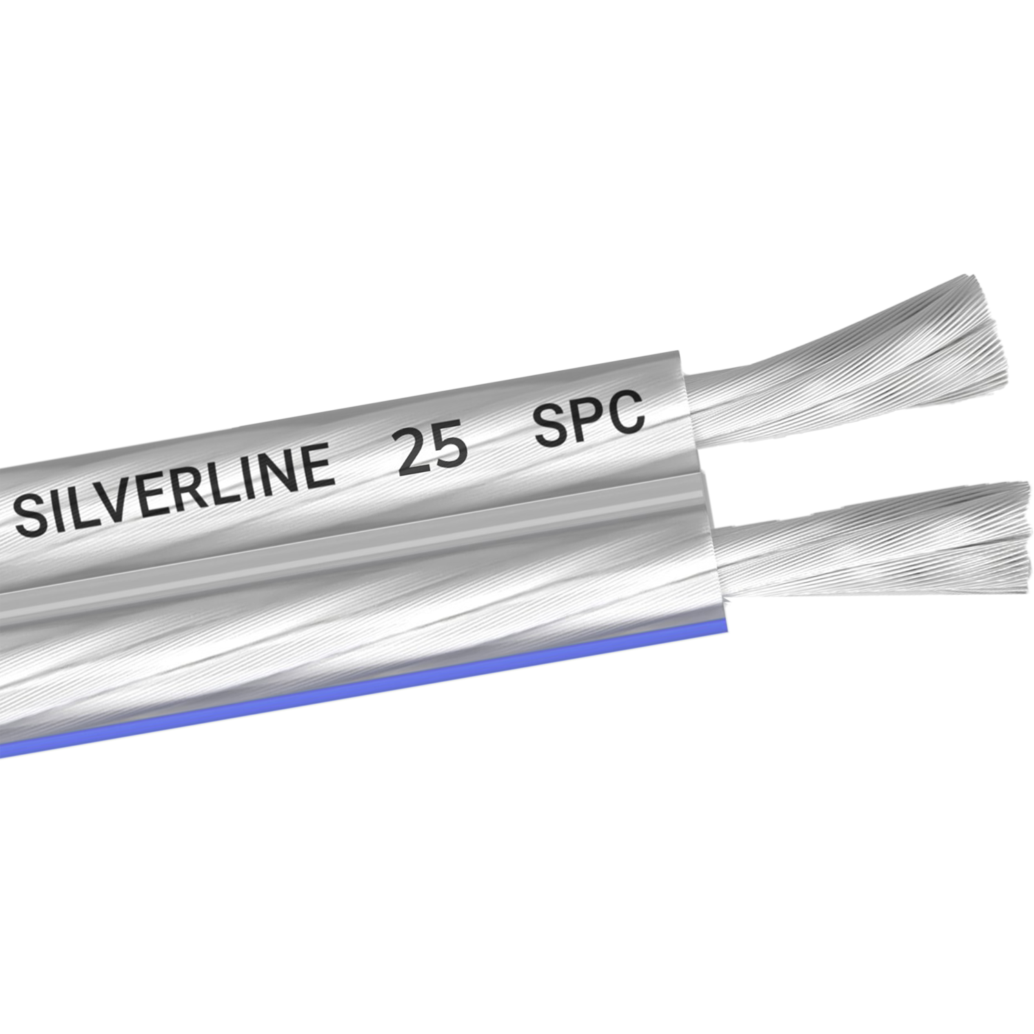 Silverline SP-25 Versilbertes Lautsprecherkabel Versilbertes Lautsprecherkabel Oehlbach auf weißem Hintergrund mit silbernem Geflecht und transparentem Mantel.
