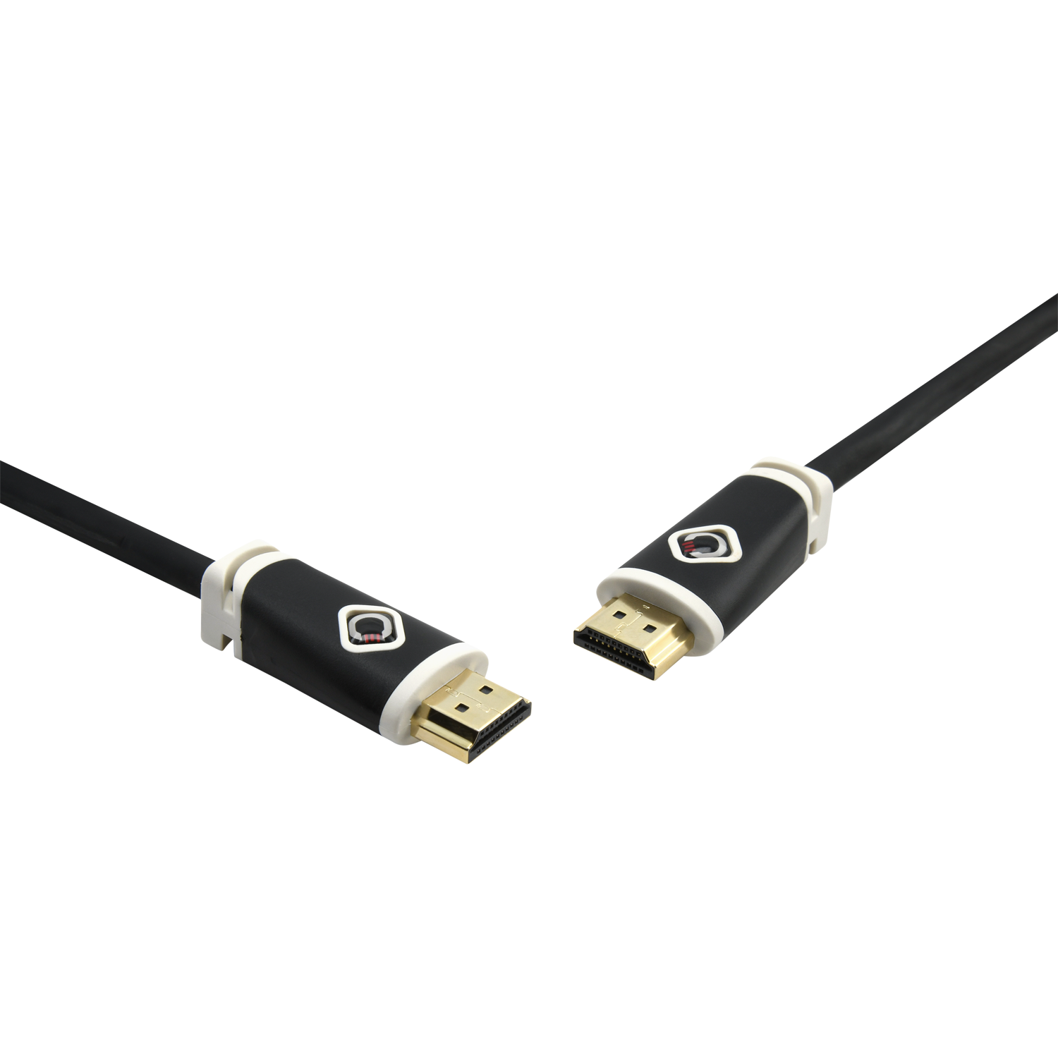 Ultra High Speed HDMI-Kabel Oehlbach mit Metallsteckern und schwarzem Kabel links im Bild diagonal verlaufend