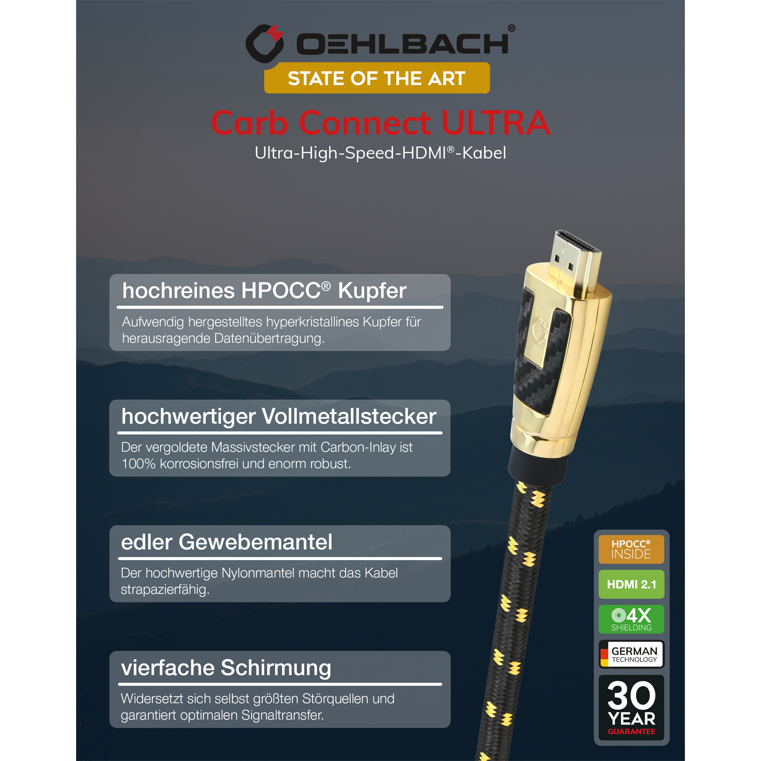 HDMI-Kabel mit Aufschrift Ultra High Speed und Oehlbach Logo schwarzes Kabel mit goldenen Steckern auf weißem Hintergrund