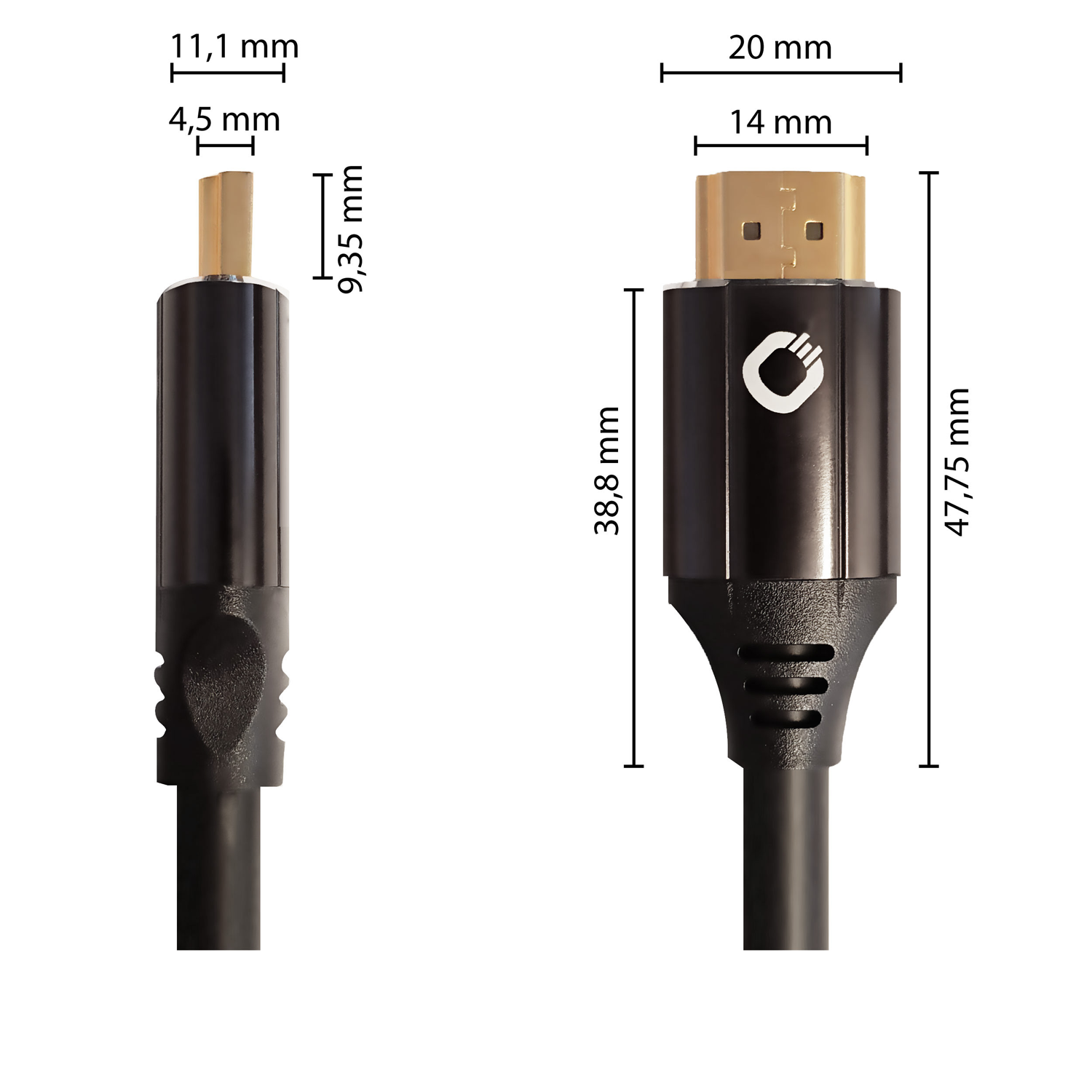 Ultra High-Speed HDMI Kabel Oehlbach Anschlussstecker aus Metall schwarz links Kabel schwarz mit Text Ultra High Speed HDMI
