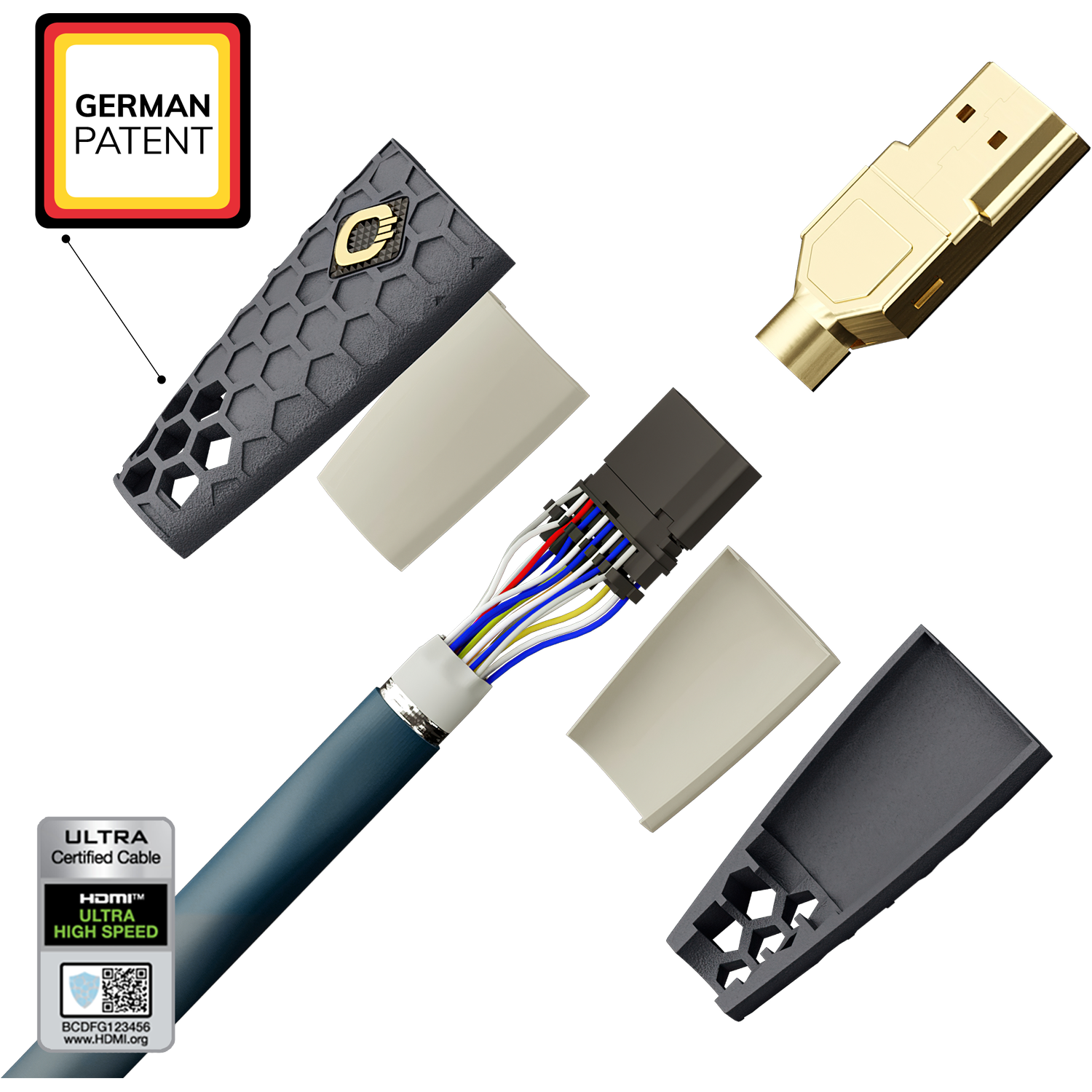 HDMI-Kabel mit Aufschrift 8K Ultra High Speed Oehlbach schwarzes Kabel links daneben goldfarbene Stecker vor weißem Hintergrund