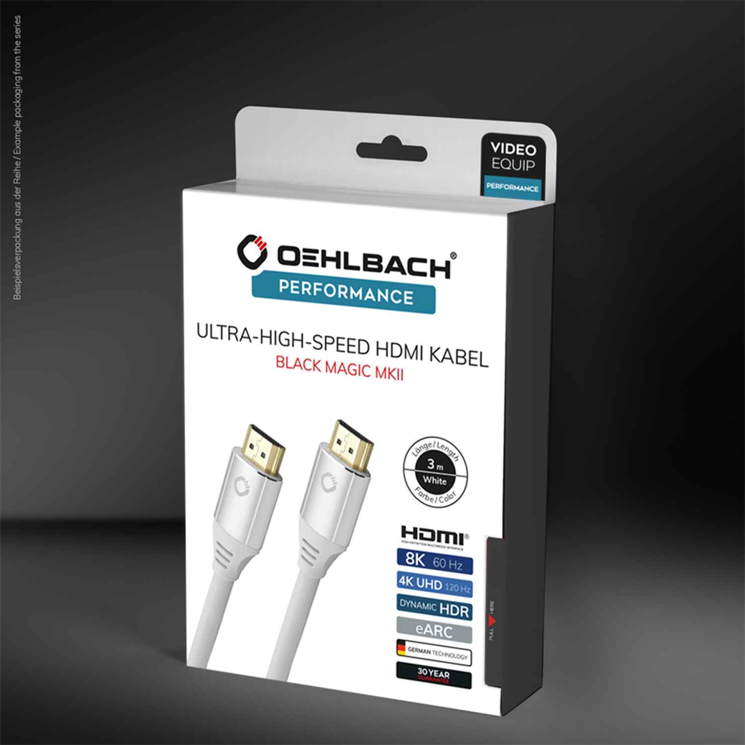 Black Magic MKII Ultra High-Speed HDMI Kabel Verpackung Oehlbach Ultra High-Speed HDMI Kabel Black Magic MKII 3D Schriftzug HDMI Logo Vorderseite des Kartons