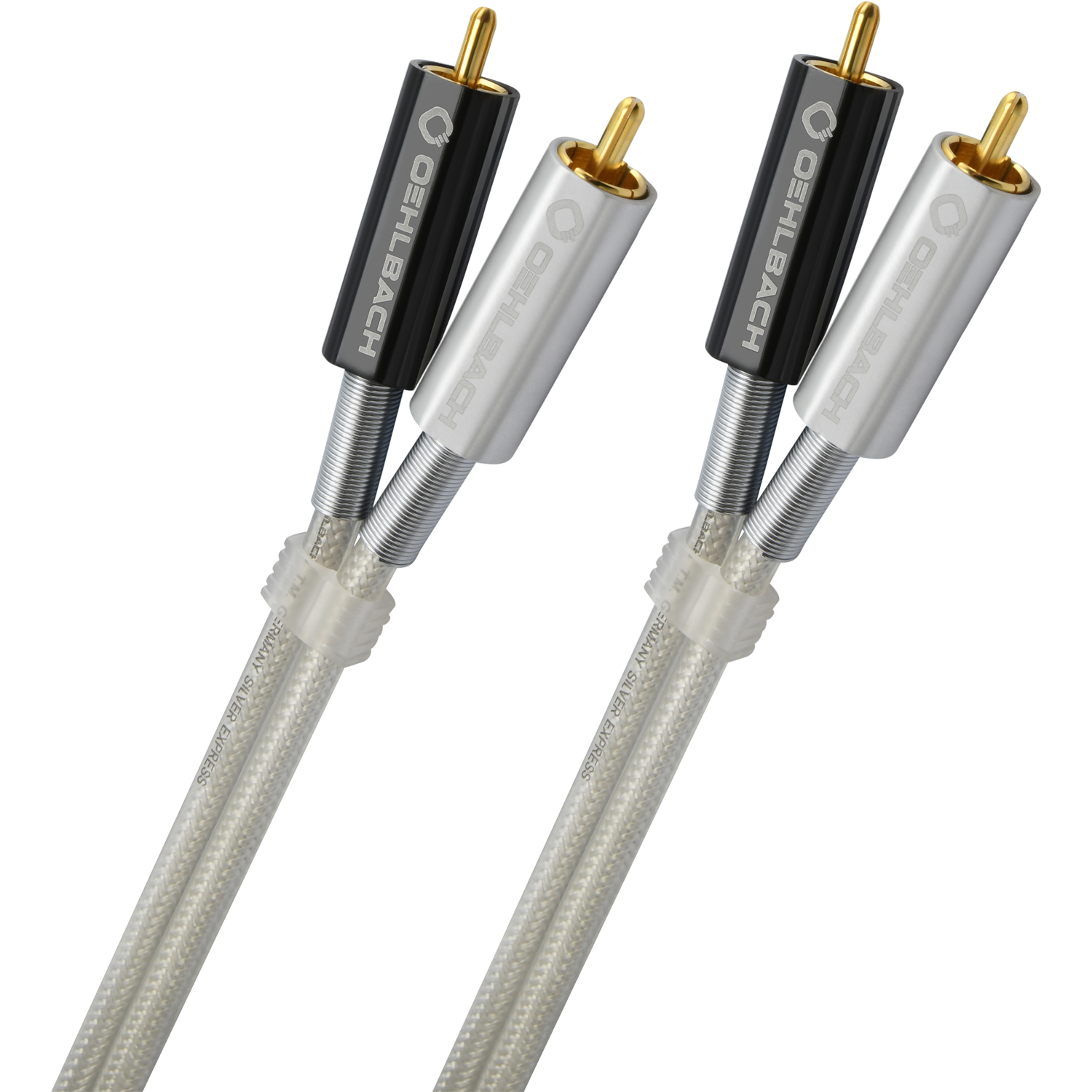 Audio-Cinchkabel silber mit schwarzem Text Silver Express 200 HB Oehlbach Logo links Kabelstecker rechts Kabel spiralförmig gelegt