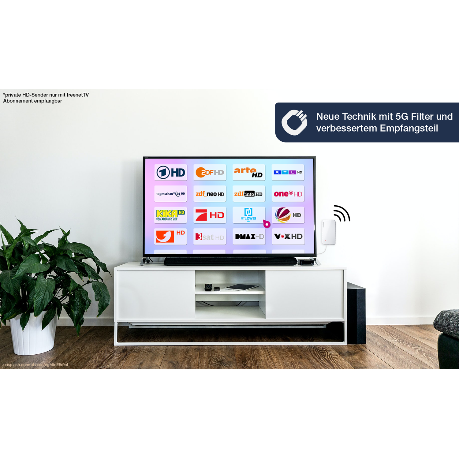 Scope Vision 5G Zimmerantenne für DVB-T2 mit 5G Filter Zimmerantenne schwarz viereckig mit Oehlbach-Logo in der Mitte 5G Filter Text rechts am Rand Kabel unten links