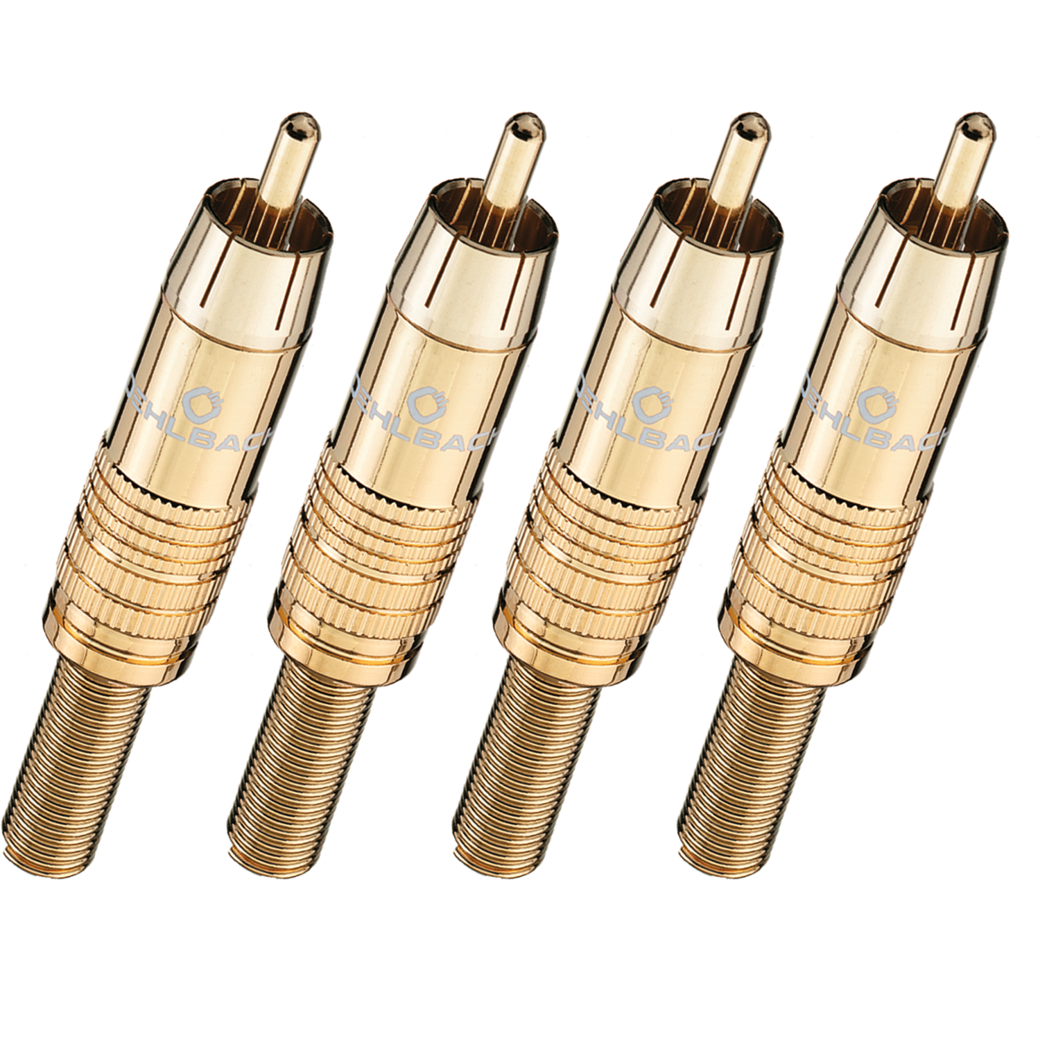 Cinch-Stecker Oehlbach mit goldenen Kontakten auf weißem Hintergrund.